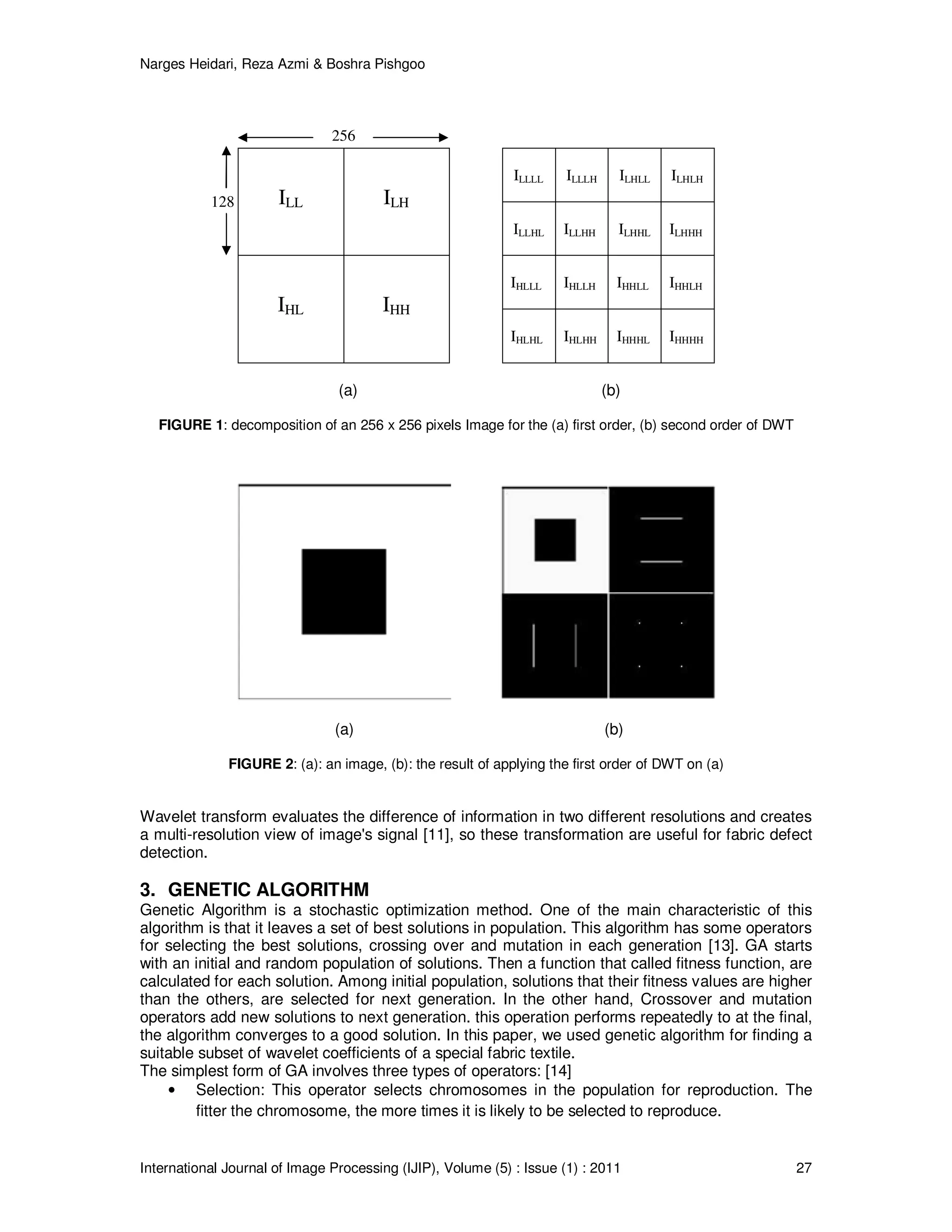 Narges Heidari, Reza Azmi & Boshra Pishgoo
International Journal of Image Processing (IJIP), Volume (5) : Issue (1) : 2011 27
ILL ILH
ILLLL ILLLH ILHLL ILHLH
ILLHL ILLHH ILHHL ILHHH
IHL IHH
IHLLL IHLLH IHHLL IHHLH
IHLHL IHLHH IHHHL IHHHH
(a) (b)
FIGURE 1: decomposition of an 256 x 256 pixels Image for the (a) first order, (b) second order of DWT
(a) (b)
FIGURE 2: (a): an image, (b): the result of applying the first order of DWT on (a)
Wavelet transform evaluates the difference of information in two different resolutions and creates
a multi-resolution view of image's signal [11], so these transformation are useful for fabric defect
detection.
3. GENETIC ALGORITHM
Genetic Algorithm is a stochastic optimization method. One of the main characteristic of this
algorithm is that it leaves a set of best solutions in population. This algorithm has some operators
for selecting the best solutions, crossing over and mutation in each generation [13]. GA starts
with an initial and random population of solutions. Then a function that called fitness function, are
calculated for each solution. Among initial population, solutions that their fitness values are higher
than the others, are selected for next generation. In the other hand, Crossover and mutation
operators add new solutions to next generation. this operation performs repeatedly to at the final,
the algorithm converges to a good solution. In this paper, we used genetic algorithm for finding a
suitable subset of wavelet coefficients of a special fabric textile.
The simplest form of GA involves three types of operators: [14]
• Selection: This operator selects chromosomes in the population for reproduction. The
fitter the chromosome, the more times it is likely to be selected to reproduce.
256
128
 