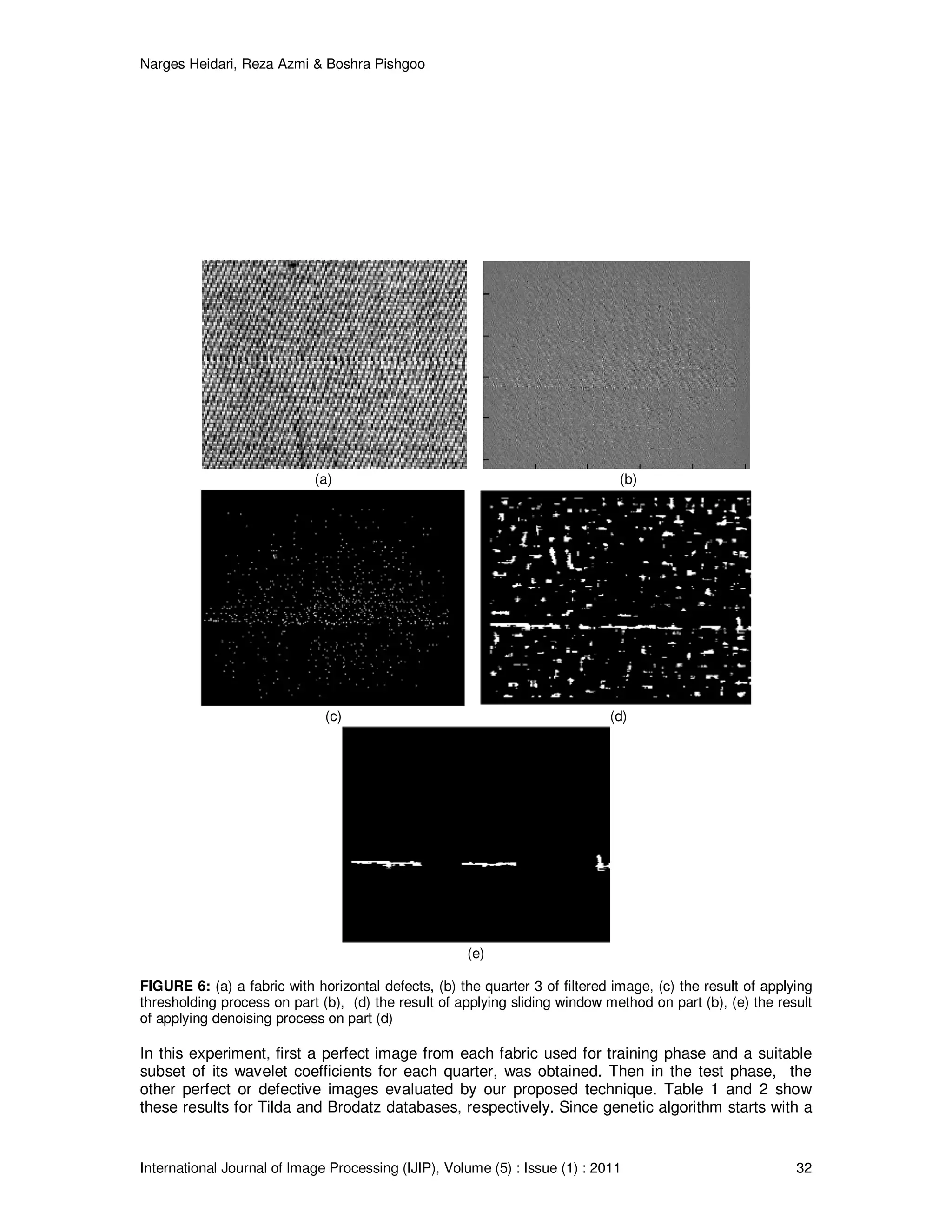 Narges Heidari, Reza Azmi & Boshra Pishgoo
International Journal of Image Processing (IJIP), Volume (5) : Issue (1) : 2011 32
(a) (b)
(c) (d)
(e)
FIGURE 6: (a) a fabric with horizontal defects, (b) the quarter 3 of filtered image, (c) the result of applying
thresholding process on part (b), (d) the result of applying sliding window method on part (b), (e) the result
of applying denoising process on part (d)
In this experiment, first a perfect image from each fabric used for training phase and a suitable
subset of its wavelet coefficients for each quarter, was obtained. Then in the test phase, the
other perfect or defective images evaluated by our proposed technique. Table 1 and 2 show
these results for Tilda and Brodatz databases, respectively. Since genetic algorithm starts with a
 