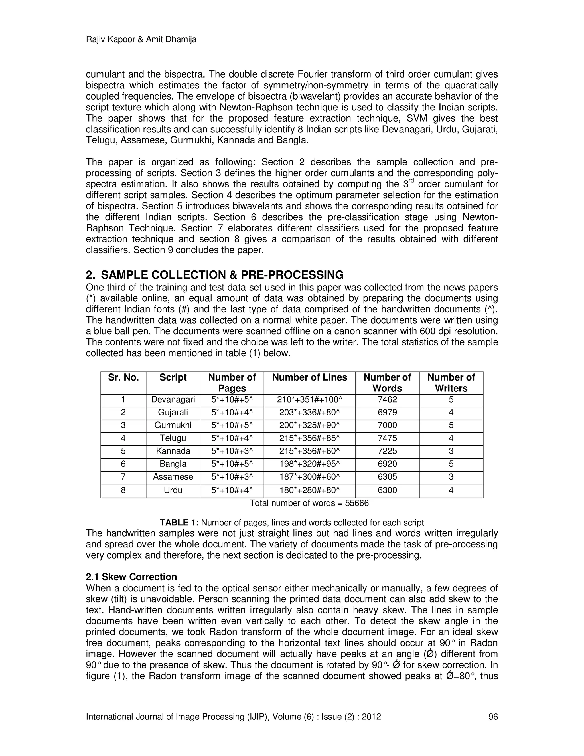 Rajiv Kapoor & Amit Dhamija
International Journal of Image Processing (IJIP), Volume (6) : Issue (2) : 2012 96
cumulant and the bispectra. The double discrete Fourier transform of third order cumulant gives
bispectra which estimates the factor of symmetry/non-symmetry in terms of the quadratically
coupled frequencies. The envelope of bispectra (biwavelant) provides an accurate behavior of the
script texture which along with Newton-Raphson technique is used to classify the Indian scripts.
The paper shows that for the proposed feature extraction technique, SVM gives the best
classification results and can successfully identify 8 Indian scripts like Devanagari, Urdu, Gujarati,
Telugu, Assamese, Gurmukhi, Kannada and Bangla.
The paper is organized as following: Section 2 describes the sample collection and pre-
processing of scripts. Section 3 defines the higher order cumulants and the corresponding poly-
spectra estimation. It also shows the results obtained by computing the 3rd
order cumulant for
different script samples. Section 4 describes the optimum parameter selection for the estimation
of bispectra. Section 5 introduces biwavelants and shows the corresponding results obtained for
the different Indian scripts. Section 6 describes the pre-classification stage using Newton-
Raphson Technique. Section 7 elaborates different classifiers used for the proposed feature
extraction technique and section 8 gives a comparison of the results obtained with different
classifiers. Section 9 concludes the paper.
2. SAMPLE COLLECTION & PRE-PROCESSING
One third of the training and test data set used in this paper was collected from the news papers
(*) available online, an equal amount of data was obtained by preparing the documents using
different Indian fonts (#) and the last type of data comprised of the handwritten documents (^).
The handwritten data was collected on a normal white paper. The documents were written using
a blue ball pen. The documents were scanned offline on a canon scanner with 600 dpi resolution.
The contents were not fixed and the choice was left to the writer. The total statistics of the sample
collected has been mentioned in table (1) below.
Sr. No. Script Number of
Pages
Number of Lines Number of
Words
Number of
Writers
1 Devanagari 5*+10#+5^ 210*+351#+100^ 7462 5
2 Gujarati 5*+10#+4^ 203*+336#+80^ 6979 4
3 Gurmukhi 5*+10#+5^ 200*+325#+90^ 7000 5
4 Telugu 5*+10#+4^ 215*+356#+85^ 7475 4
5 Kannada 5*+10#+3^ 215*+356#+60^ 7225 3
6 Bangla 5*+10#+5^ 198*+320#+95^ 6920 5
7 Assamese 5*+10#+3^ 187*+300#+60^ 6305 3
8 Urdu 5*+10#+4^ 180*+280#+80^ 6300 4
Total number of words = 55666
TABLE 1: Number of pages, lines and words collected for each script
The handwritten samples were not just straight lines but had lines and words written irregularly
and spread over the whole document. The variety of documents made the task of pre-processing
very complex and therefore, the next section is dedicated to the pre-processing.
2.1 Skew Correction
When a document is fed to the optical sensor either mechanically or manually, a few degrees of
skew (tilt) is unavoidable. Person scanning the printed data document can also add skew to the
text. Hand-written documents written irregularly also contain heavy skew. The lines in sample
documents have been written even vertically to each other. To detect the skew angle in the
printed documents, we took Radon transform of the whole document image. For an ideal skew
free document, peaks corresponding to the horizontal text lines should occur at 90° in Radon
image. However the scanned document will actually have peaks at an angle (Ǿ) different from
90°due to the presence of skew. Thus the document is rotated by 90°- Ǿ for skew correction. In
figure (1), the Radon transform image of the scanned document showed peaks at Ǿ=80°, thus
 