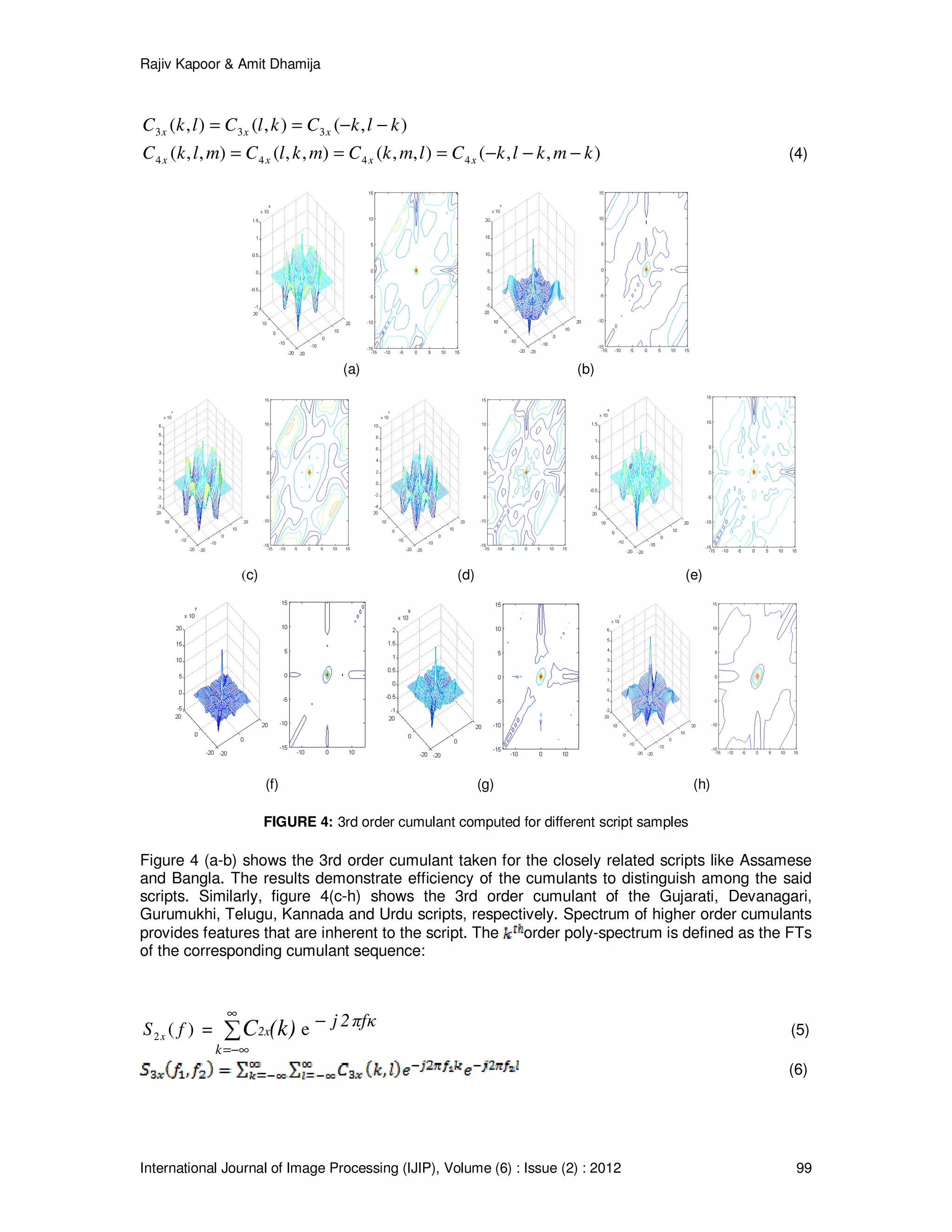 Rajiv Kapoor & Amit Dhamija
International Journal of Image Processing (IJIP), Volume (6) : Issue (2) : 2012 99
),(),(),( 333 klkCklClkC xxx −−==
),,(),,(),,(),,( 4444 kmklkClmkCmklCmlkC xxxx −−−=== (4)
(a) (b)
(c) (d) (e)
(f) (g) (h)
FIGURE 4: 3rd order cumulant computed for different script samples
Figure 4 (a-b) shows the 3rd order cumulant taken for the closely related scripts like Assamese
and Bangla. The results demonstrate efficiency of the cumulants to distinguish among the said
scripts. Similarly, figure 4(c-h) shows the 3rd order cumulant of the Gujarati, Devanagari,
Gurumukhi, Telugu, Kannada and Urdu scripts, respectively. Spectrum of higher order cumulants
provides features that are inherent to the script. The order poly-spectrum is defined as the FTs
of the corresponding cumulant sequence:
)(2 fS x = ∑
∞
−∞=k
(k)C2x e πfκ2j− (5)
(6)
 