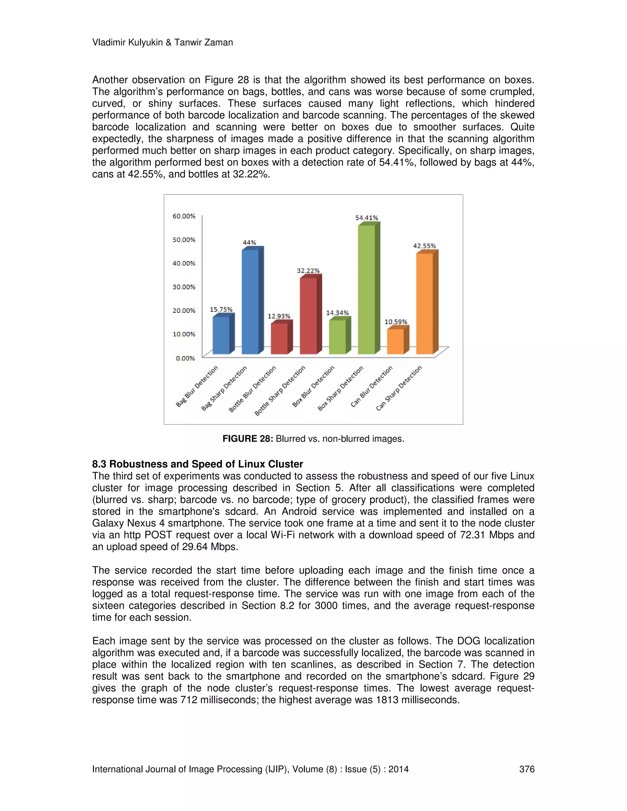 Vladimir Kulyukin  Tanwir Zaman 
Another observation on Figure 28 is that the algorithm showed its best performance on boxes. 
The algorithm’s performance on bags, bottles, and cans was worse because of some crumpled, 
curved, or shiny surfaces. These surfaces caused many light reflections, which hindered 
performance of both barcode localization and barcode scanning. The percentages of the skewed 
barcode localization and scanning were better on boxes due to smoother surfaces. Quite 
expectedly, the sharpness of images made a positive difference in that the scanning algorithm 
performed much better on sharp images in each product category. Specifically, on sharp images, 
the algorithm performed best on boxes with a detection rate of 54.41%, followed by bags at 44%, 
cans at 42.55%, and bottles at 32.22%. 
FIGURE 28: Blurred vs. non-blurred images. 
8.3 Robustness and Speed of Linux Cluster 
The third set of experiments was conducted to assess the robustness and speed of our five Linux 
cluster for image processing described in Section 5. After all classifications were completed 
(blurred vs. sharp; barcode vs. no barcode; type of grocery product), the classified frames were 
stored in the smartphone's sdcard. An Android service was implemented and installed on a 
Galaxy Nexus 4 smartphone. The service took one frame at a time and sent it to the node cluster 
via an http POST request over a local Wi-Fi network with a download speed of 72.31 Mbps and 
an upload speed of 29.64 Mbps. 
The service recorded the start time before uploading each image and the finish time once a 
response was received from the cluster. The difference between the finish and start times was 
logged as a total request-response time. The service was run with one image from each of the 
sixteen categories described in Section 8.2 for 3000 times, and the average request-response 
time for each session. 
Each image sent by the service was processed on the cluster as follows. The DOG localization 
algorithm was executed and, if a barcode was successfully localized, the barcode was scanned in 
place within the localized region with ten scanlines, as described in Section 7. The detection 
result was sent back to the smartphone and recorded on the smartphone’s sdcard. Figure 29 
gives the graph of the node cluster’s request-response times. The lowest average request-response 
time was 712 milliseconds; the highest average was 1813 milliseconds. 
International Journal of Image Processing (IJIP), Volume (8) : Issue (5) : 2014 376 
 