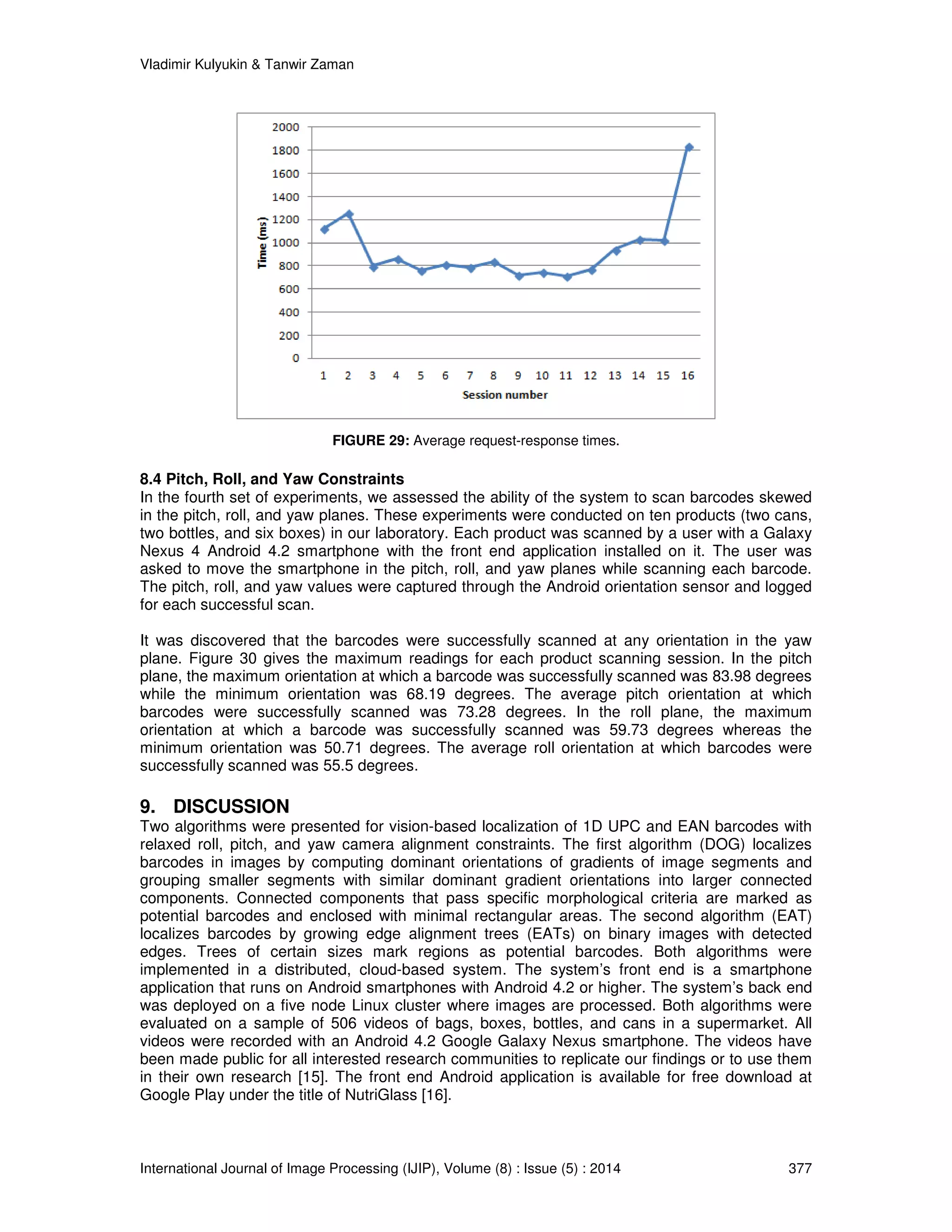 Vladimir Kulyukin  Tanwir Zaman 
FIGURE 29: Average request-response times. 
8.4 Pitch, Roll, and Yaw Constraints 
In the fourth set of experiments, we assessed the ability of the system to scan barcodes skewed 
in the pitch, roll, and yaw planes. These experiments were conducted on ten products (two cans, 
two bottles, and six boxes) in our laboratory. Each product was scanned by a user with a Galaxy 
Nexus 4 Android 4.2 smartphone with the front end application installed on it. The user was 
asked to move the smartphone in the pitch, roll, and yaw planes while scanning each barcode. 
The pitch, roll, and yaw values were captured through the Android orientation sensor and logged 
for each successful scan. 
It was discovered that the barcodes were successfully scanned at any orientation in the yaw 
plane. Figure 30 gives the maximum readings for each product scanning session. In the pitch 
plane, the maximum orientation at which a barcode was successfully scanned was 83.98 degrees 
while the minimum orientation was 68.19 degrees. The average pitch orientation at which 
barcodes were successfully scanned was 73.28 degrees. In the roll plane, the maximum 
orientation at which a barcode was successfully scanned was 59.73 degrees whereas the 
minimum orientation was 50.71 degrees. The average roll orientation at which barcodes were 
successfully scanned was 55.5 degrees. 
9. DISCUSSION 
Two algorithms were presented for vision-based localization of 1D UPC and EAN barcodes with 
relaxed roll, pitch, and yaw camera alignment constraints. The first algorithm (DOG) localizes 
barcodes in images by computing dominant orientations of gradients of image segments and 
grouping smaller segments with similar dominant gradient orientations into larger connected 
components. Connected components that pass specific morphological criteria are marked as 
potential barcodes and enclosed with minimal rectangular areas. The second algorithm (EAT) 
localizes barcodes by growing edge alignment trees (EATs) on binary images with detected 
edges. Trees of certain sizes mark regions as potential barcodes. Both algorithms were 
implemented in a distributed, cloud-based system. The system’s front end is a smartphone 
application that runs on Android smartphones with Android 4.2 or higher. The system’s back end 
was deployed on a five node Linux cluster where images are processed. Both algorithms were 
evaluated on a sample of 506 videos of bags, boxes, bottles, and cans in a supermarket. All 
videos were recorded with an Android 4.2 Google Galaxy Nexus smartphone. The videos have 
been made public for all interested research communities to replicate our findings or to use them 
in their own research [15]. The front end Android application is available for free download at 
Google Play under the title of NutriGlass [16]. 
International Journal of Image Processing (IJIP), Volume (8) : Issue (5) : 2014 377 
 