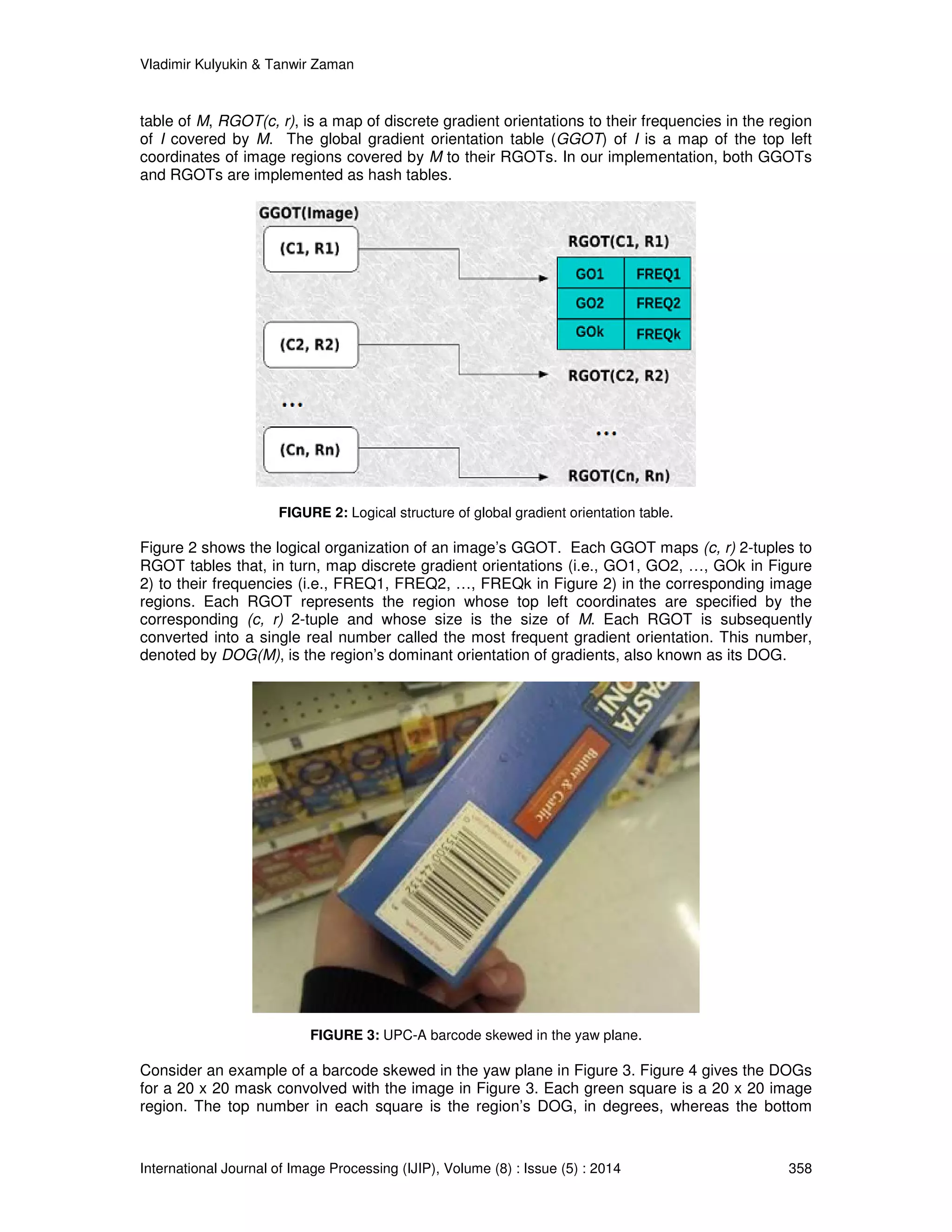 Vladimir Kulyukin  Tanwir Zaman 
table of M, RGOT(c, r), is a map of discrete gradient orientations to their frequencies in the region 
of I covered by M. The global gradient orientation table (GGOT) of I is a map of the top left 
coordinates of image regions covered by M to their RGOTs. In our implementation, both GGOTs 
and RGOTs are implemented as hash tables. 
FIGURE 2: Logical structure of global gradient orientation table. 
Figure 2 shows the logical organization of an image’s GGOT. Each GGOT maps (c, r) 2-tuples to 
RGOT tables that, in turn, map discrete gradient orientations (i.e., GO1, GO2, …, GOk in Figure 
2) to their frequencies (i.e., FREQ1, FREQ2, …, FREQk in Figure 2) in the corresponding image 
regions. Each RGOT represents the region whose top left coordinates are specified by the 
corresponding (c, r) 2-tuple and whose size is the size of M. Each RGOT is subsequently 
converted into a single real number called the most frequent gradient orientation. This number, 
denoted by DOG(M), is the region’s dominant orientation of gradients, also known as its DOG. 
FIGURE 3: UPC-A barcode skewed in the yaw plane. 
Consider an example of a barcode skewed in the yaw plane in Figure 3. Figure 4 gives the DOGs 
for a 20 x 20 mask convolved with the image in Figure 3. Each green square is a 20 x 20 image 
region. The top number in each square is the region’s DOG, in degrees, whereas the bottom 
International Journal of Image Processing (IJIP), Volume (8) : Issue (5) : 2014 358 
 
