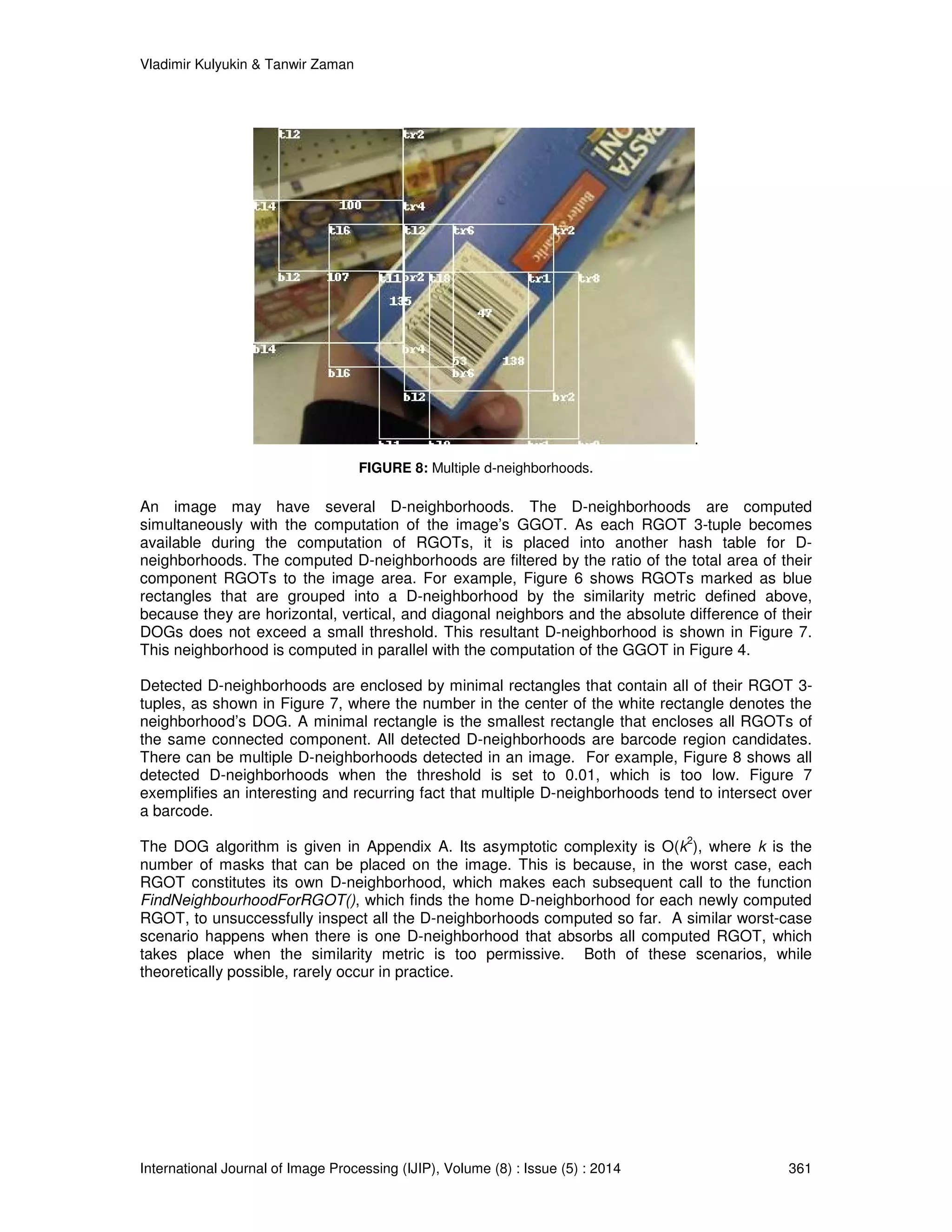 Vladimir Kulyukin  Tanwir Zaman 
. 
FIGURE 8: Multiple d-neighborhoods. 
An image may have several D-neighborhoods. The D-neighborhoods are computed 
simultaneously with the computation of the image’s GGOT. As each RGOT 3-tuple becomes 
available during the computation of RGOTs, it is placed into another hash table for D-neighborhoods. 
The computed D-neighborhoods are filtered by the ratio of the total area of their 
component RGOTs to the image area. For example, Figure 6 shows RGOTs marked as blue 
rectangles that are grouped into a D-neighborhood by the similarity metric defined above, 
because they are horizontal, vertical, and diagonal neighbors and the absolute difference of their 
DOGs does not exceed a small threshold. This resultant D-neighborhood is shown in Figure 7. 
This neighborhood is computed in parallel with the computation of the GGOT in Figure 4. 
Detected D-neighborhoods are enclosed by minimal rectangles that contain all of their RGOT 3- 
tuples, as shown in Figure 7, where the number in the center of the white rectangle denotes the 
neighborhood’s DOG. A minimal rectangle is the smallest rectangle that encloses all RGOTs of 
the same connected component. All detected D-neighborhoods are barcode region candidates. 
There can be multiple D-neighborhoods detected in an image. For example, Figure 8 shows all 
detected D-neighborhoods when the threshold is set to 0.01, which is too low. Figure 7 
exemplifies an interesting and recurring fact that multiple D-neighborhoods tend to intersect over 
a barcode. 
The DOG algorithm is given in Appendix A. Its asymptotic complexity is O(k2), where k is the 
number of masks that can be placed on the image. This is because, in the worst case, each 
RGOT constitutes its own D-neighborhood, which makes each subsequent call to the function 
FindNeighbourhoodForRGOT(), which finds the home D-neighborhood for each newly computed 
RGOT, to unsuccessfully inspect all the D-neighborhoods computed so far. A similar worst-case 
scenario happens when there is one D-neighborhood that absorbs all computed RGOT, which 
takes place when the similarity metric is too permissive. Both of these scenarios, while 
theoretically possible, rarely occur in practice. 
International Journal of Image Processing (IJIP), Volume (8) : Issue (5) : 2014 361 
 