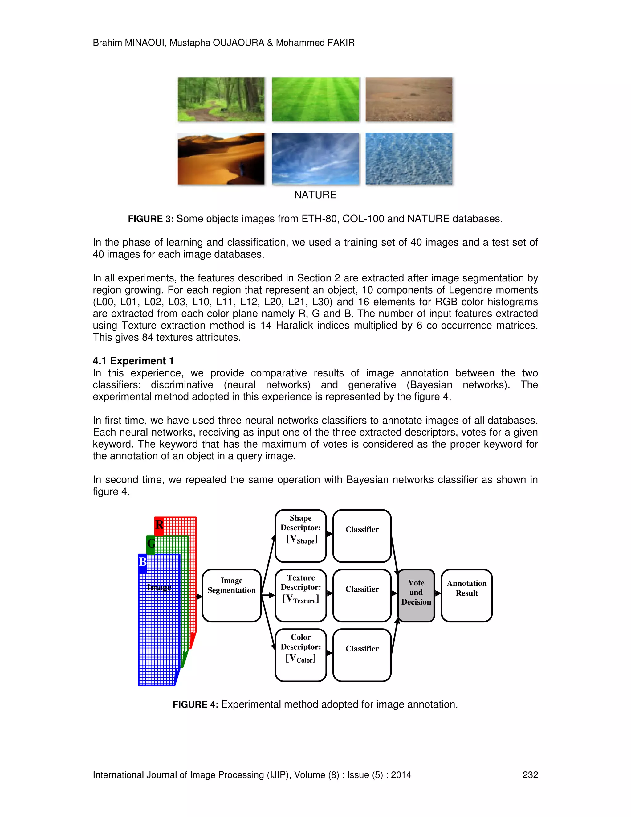 Brahim MINAOUI, Mustapha OUJAOURA & Mohammed FAKIR International Journal of Image Processing (IJIP), Volume (8) : Issue (5) : 2014 232 NATURE FIGURE 3: Some objects images from ETH-80, COL-100 and NATURE databases. In the phase of learning and classification, we used a training set of 40 images and a test set of 40 images for each image databases. In all experiments, the features described in Section 2 are extracted after image segmentation by region growing. For each region that represent an object, 10 components of Legendre moments (L00, L01, L02, L03, L10, L11, L12, L20, L21, L30) and 16 elements for RGB color histograms are extracted from each color plane namely R, G and B. The number of input features extracted using Texture extraction method is 14 Haralick indices multiplied by 6 co-occurrence matrices. This gives 84 textures attributes. 4.1 Experiment 1 In this experience, we provide comparative results of image annotation between the two classifiers: discriminative (neural networks) and generative (Bayesian networks). The experimental method adopted in this experience is represented by the figure 4. In first time, we have used three neural networks classifiers to annotate images of all databases. Each neural networks, receiving as input one of the three extracted descriptors, votes for a given keyword. The keyword that has the maximum of votes is considered as the proper keyword for the annotation of an object in a query image. In second time, we repeated the same operation with Bayesian networks classifier as shown in figure 4. FIGURE 4: Experimental method adopted for image annotation. Image R G B Shape Descriptor: [VShape] Texture Descriptor: [VTexture] Color Descriptor: [VColor] Vote and Decision Annotation Result Image Segmentation Classifier Classifier Classifier 