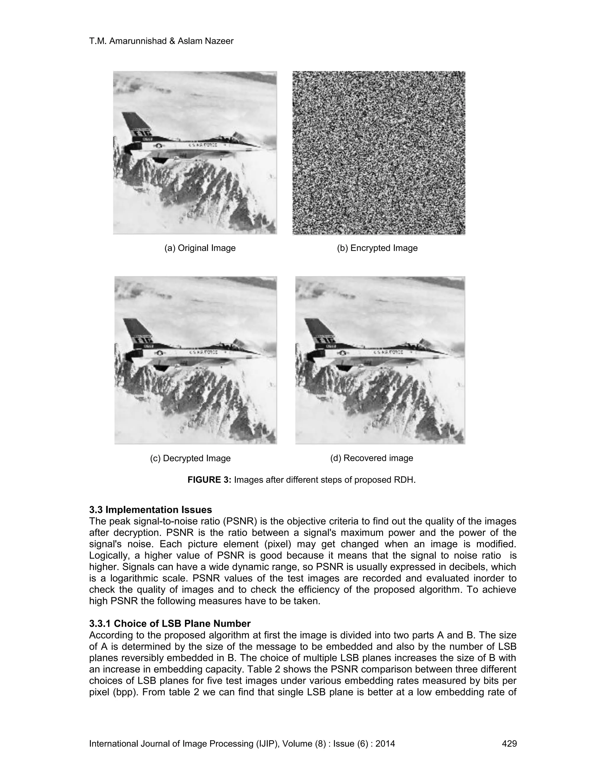 T.M. Amarunnishad & Aslam Nazeer
International Journal of Image Processing (IJIP), Volume (8) : Issue (6) : 2014 429
3.3 Implementation Issues
The peak signal-to-noise ratio (PSNR) is the objective criteria to find out the quality of the images
after decryption. PSNR is the ratio between a signal's maximum power and the power of the
signal's noise. Each picture element (pixel) may get changed when an image is modified.
Logically, a higher value of PSNR is good because it means that the signal to noise ratio is
higher. Signals can have a wide dynamic range, so PSNR is usually expressed in decibels, which
is a logarithmic scale. PSNR values of the test images are recorded and evaluated inorder to
check the quality of images and to check the efficiency of the proposed algorithm. To achieve
high PSNR the following measures have to be taken.
3.3.1 Choice of LSB Plane Number
According to the proposed algorithm at first the image is divided into two parts A and B. The size
of A is determined by the size of the message to be embedded and also by the number of LSB
planes reversibly embedded in B. The choice of multiple LSB planes increases the size of B with
an increase in embedding capacity. Table 2 shows the PSNR comparison between three different
choices of LSB planes for five test images under various embedding rates measured by bits per
pixel (bpp). From table 2 we can find that single LSB plane is better at a low embedding rate of
(a) Original Image (b) Encrypted Image
(c) Decrypted Image (d) Recovered image
FIGURE 3: Images after different steps of proposed RDH.
 