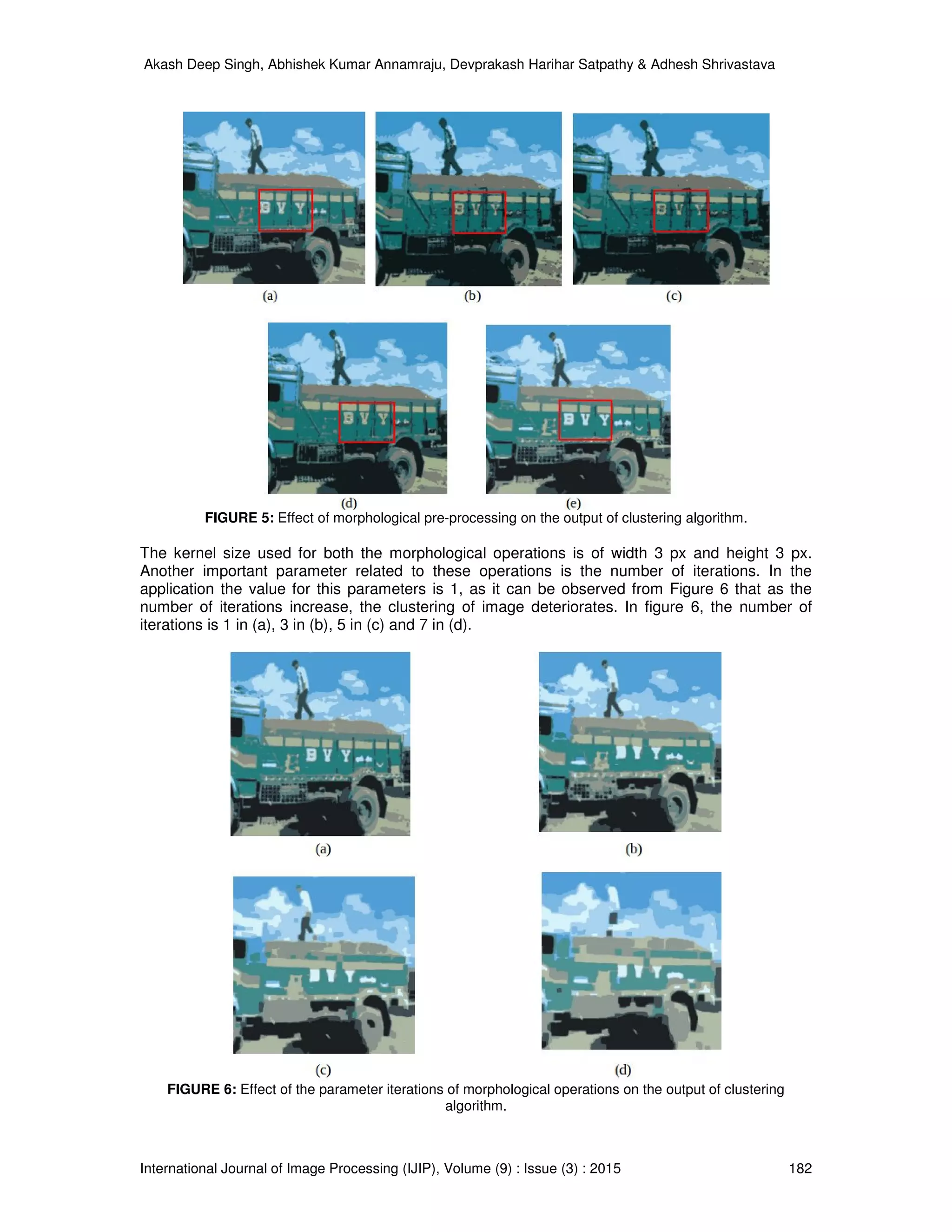 Akash Deep Singh, Abhishek Kumar Annamraju, Devprakash Harihar Satpathy & Adhesh Shrivastava
International Journal of Image Processing (IJIP), Volume (9) : Issue (3) : 2015 182
FIGURE 5: Effect of morphological pre-processing on the output of clustering algorithm.
The kernel size used for both the morphological operations is of width 3 px and height 3 px.
Another important parameter related to these operations is the number of iterations. In the
application the value for this parameters is 1, as it can be observed from Figure 6 that as the
number of iterations increase, the clustering of image deteriorates. In figure 6, the number of
iterations is 1 in (a), 3 in (b), 5 in (c) and 7 in (d).
FIGURE 6: Effect of the parameter iterations of morphological operations on the output of clustering
algorithm.
 