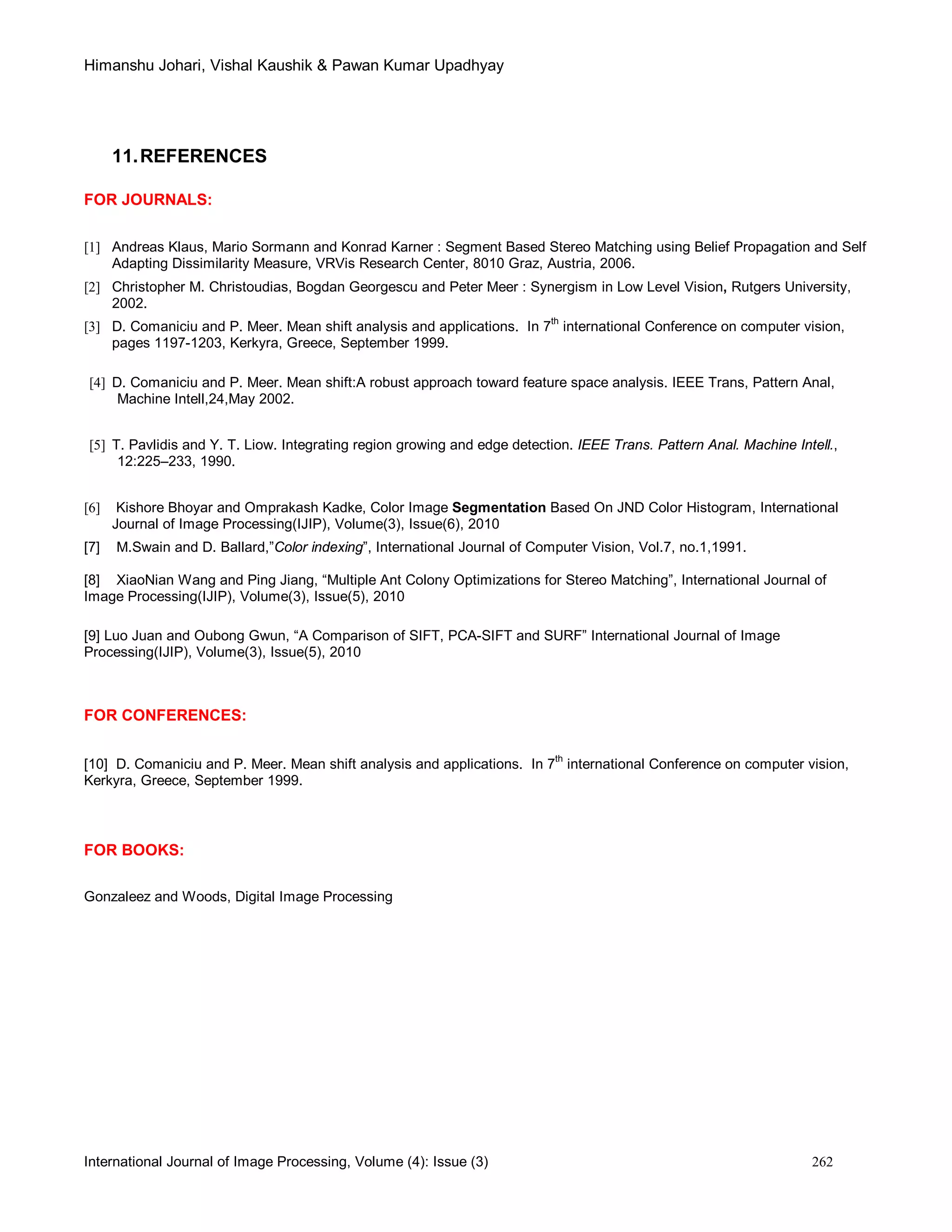 Himanshu Johari, Vishal Kaushik & Pawan Kumar Upadhyay
International Journal of Image Processing, Volume (4): Issue (3) 262
11.REFERENCES
FOR JOURNALS:
[1] Andreas Klaus, Mario Sormann and Konrad Karner : Segment Based Stereo Matching using Belief Propagation and Self
Adapting Dissimilarity Measure, VRVis Research Center, 8010 Graz, Austria, 2006.
[2] Christopher M. Christoudias, Bogdan Georgescu and Peter Meer : Synergism in Low Level Vision, Rutgers University,
2002.
[3] D. Comaniciu and P. Meer. Mean shift analysis and applications. In 7
th
international Conference on computer vision,
pages 1197-1203, Kerkyra, Greece, September 1999.
[4] D. Comaniciu and P. Meer. Mean shift:A robust approach toward feature space analysis. IEEE Trans, Pattern Anal,
Machine Intell,24,May 2002.
[5] T. Pavlidis and Y. T. Liow. Integrating region growing and edge detection. IEEE Trans. Pattern Anal. Machine Intell.,
12:225–233, 1990.
[6] Kishore Bhoyar and Omprakash Kadke, Color Image Segmentation Based On JND Color Histogram, International
Journal of Image Processing(IJIP), Volume(3), Issue(6), 2010
[7] M.Swain and D. Ballard,”Color indexing”, International Journal of Computer Vision, Vol.7, no.1,1991.
[8] XiaoNian Wang and Ping Jiang, “Multiple Ant Colony Optimizations for Stereo Matching”, International Journal of
Image Processing(IJIP), Volume(3), Issue(5), 2010
[9] Luo Juan and Oubong Gwun, “A Comparison of SIFT, PCA-SIFT and SURF” International Journal of Image
Processing(IJIP), Volume(3), Issue(5), 2010
FOR CONFERENCES:
[10] D. Comaniciu and P. Meer. Mean shift analysis and applications. In 7
th
international Conference on computer vision,
Kerkyra, Greece, September 1999.
FOR BOOKS:
Gonzaleez and Woods, Digital Image Processing
 