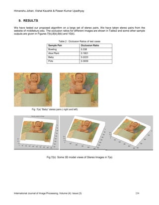 Himanshu Johari, Vishal Kaushik & Pawan Kumar Upadhyay
International Journal of Image Processing, Volume (4): Issue (3) 259
9. RESULTS
We have tested our proposed algorithm on a large set of stereo pairs. We have taken stereo pairs from the
website of middlebury.edu. The occlusion ratios for different images are shown in Table2 and some other sample
outputs are given in Figures 7(b),8(b),9(b) and 10(b).
Table 2 : Occlusion Ratios of test cases
Sample Pair Occlusion Ratio
Bowling 0.338
Aloe Plant 0.1801
Baby 0.2223
Pots 0.3939
Fig 7(a) “Baby” stereo pairs ( right and left)
Fig 7(b) Some 3D model views of Stereo Images in 7(a)
 