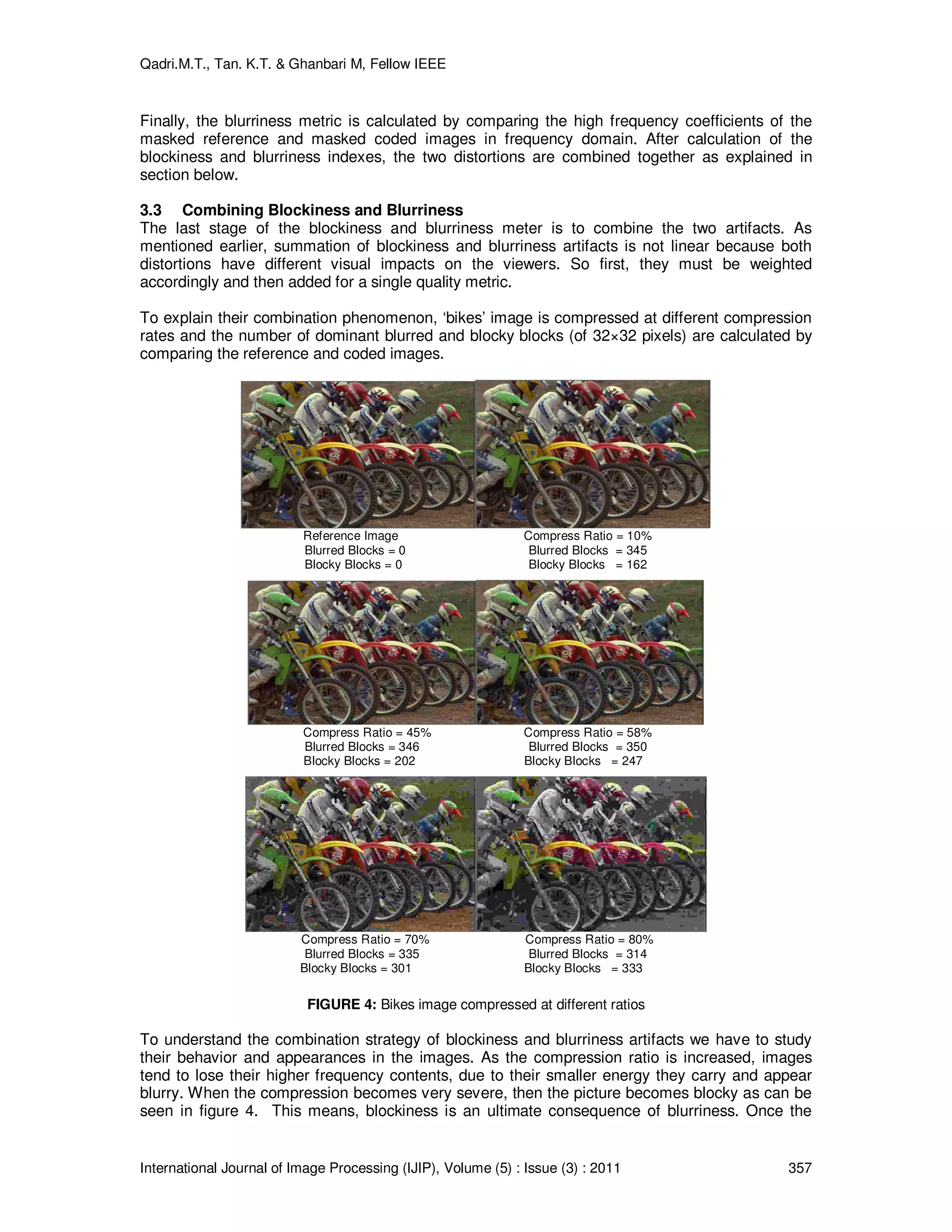 Qadri.M.T., Tan. K.T. & Ghanbari M, Fellow IEEE
International Journal of Image Processing (IJIP), Volume (5) : Issue (3) : 2011 357
Finally, the blurriness metric is calculated by comparing the high frequency coefficients of the
masked reference and masked coded images in frequency domain. After calculation of the
blockiness and blurriness indexes, the two distortions are combined together as explained in
section below.
3.3 Combining Blockiness and Blurriness
The last stage of the blockiness and blurriness meter is to combine the two artifacts. As
mentioned earlier, summation of blockiness and blurriness artifacts is not linear because both
distortions have different visual impacts on the viewers. So first, they must be weighted
accordingly and then added for a single quality metric.
To explain their combination phenomenon, ‘bikes’ image is compressed at different compression
rates and the number of dominant blurred and blocky blocks (of 32×32 pixels) are calculated by
comparing the reference and coded images.
Reference Image Compress Ratio = 10%
Blurred Blocks = 0 Blurred Blocks = 345
Blocky Blocks = 0 Blocky Blocks = 162
Compress Ratio = 45% Compress Ratio = 58%
Blurred Blocks = 346 Blurred Blocks = 350
Blocky Blocks = 202 Blocky Blocks = 247
Compress Ratio = 70% Compress Ratio = 80%
Blurred Blocks = 335 Blurred Blocks = 314
Blocky Blocks = 301 Blocky Blocks = 333
FIGURE 4: Bikes image compressed at different ratios
To understand the combination strategy of blockiness and blurriness artifacts we have to study
their behavior and appearances in the images. As the compression ratio is increased, images
tend to lose their higher frequency contents, due to their smaller energy they carry and appear
blurry. When the compression becomes very severe, then the picture becomes blocky as can be
seen in figure 4. This means, blockiness is an ultimate consequence of blurriness. Once the
 