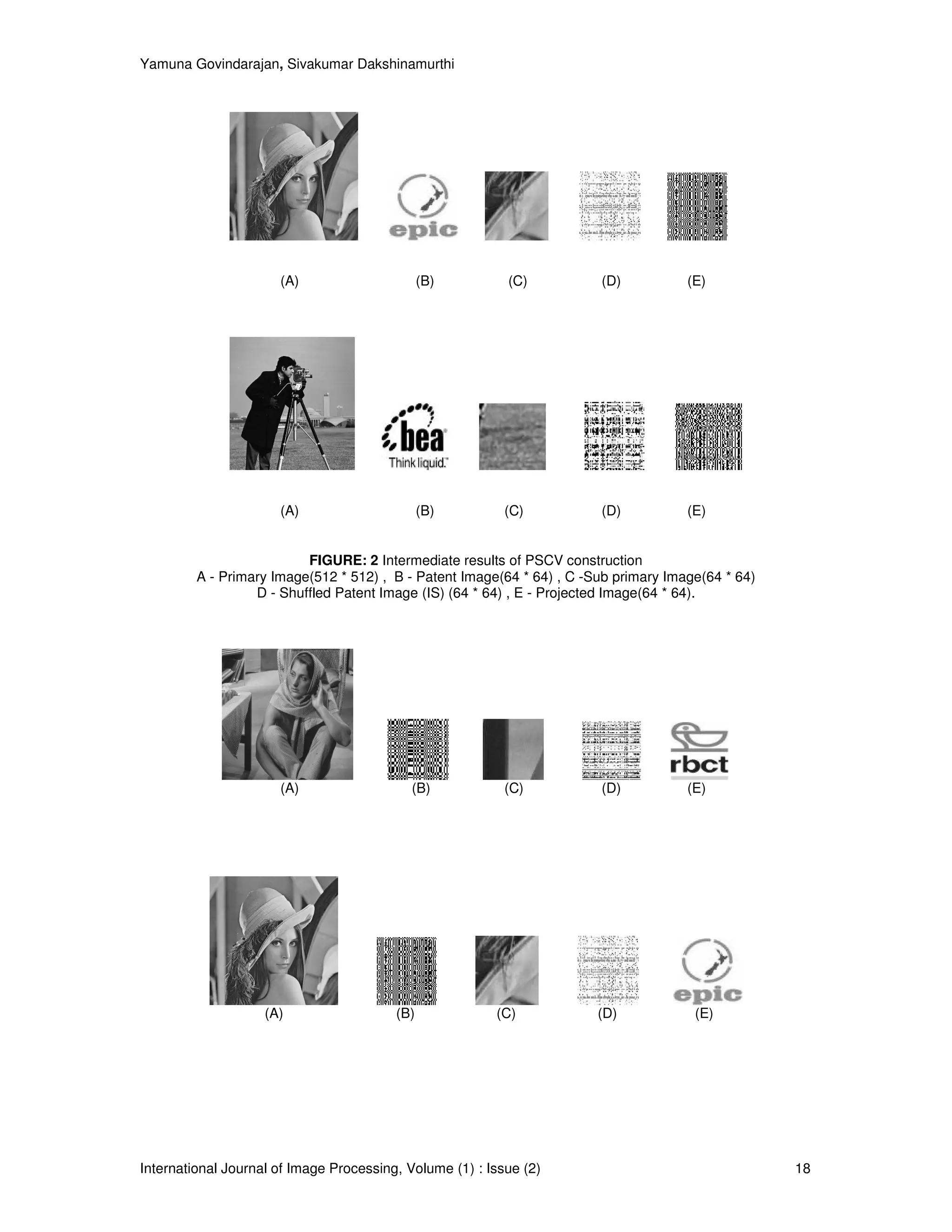 Yamuna Govindarajan, Sivakumar Dakshinamurthi




                      (A)                      (B)         (C)          (D)           (E)




                      (A)                      (B)         (C)          (D)           (E)


                          FIGURE: 2 Intermediate results of PSCV construction
         A - Primary Image(512 * 512) , B - Patent Image(64 * 64) , C -Sub primary Image(64 * 64)
                  D - Shuffled Patent Image (IS) (64 * 64) , E - Projected Image(64 * 64).




                      (A)                   (B)            (C)          (D)           (E)




                    (A)                  (B)             (C)            (D)            (E)




International Journal of Image Processing, Volume (1) : Issue (2)                                   18
 