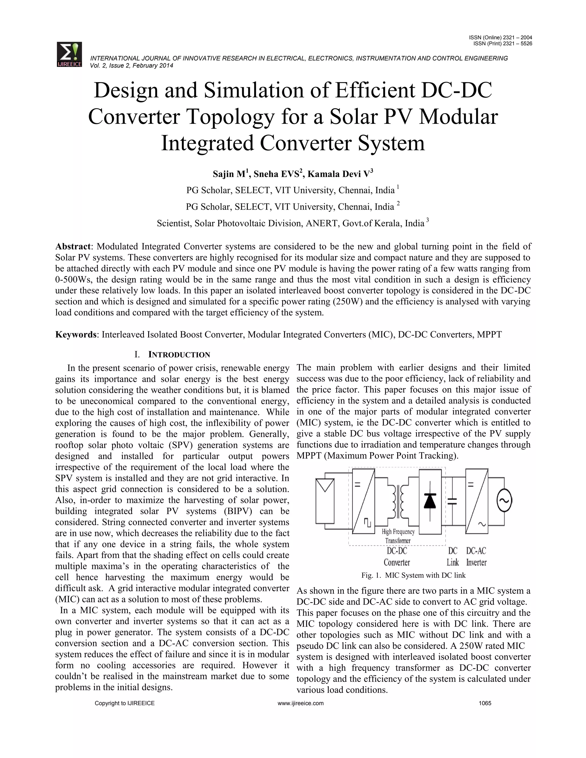 Design and Simulation of Efficient DC-DC Converter Topology for a Solar ...