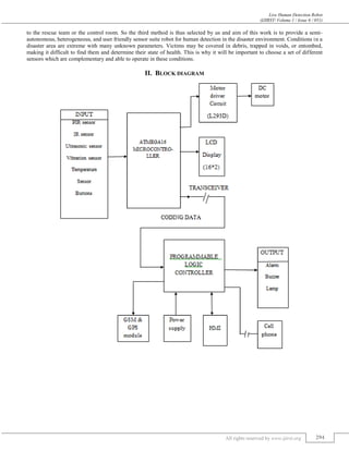 Live Human Detection Robot
(IJIRST/ Volume 1 / Issue 6 / 051)
All rights reserved by www.ijirst.org 294
to the rescue team or the control room. So the third method is thus selected by us and aim of this work is to provide a semi-
autonomous, heterogeneous, and user friendly sensor suite robot for human detection in the disaster environment. Conditions in a
disaster area are extreme with many unknown parameters. Victims may be covered in debris, trapped in voids, or entombed,
making it difficult to find them and determine their state of health. This is why it will be important to choose a set of different
sensors which are complementary and able to operate in these conditions.
II. BLOCK DIAGRAM
 