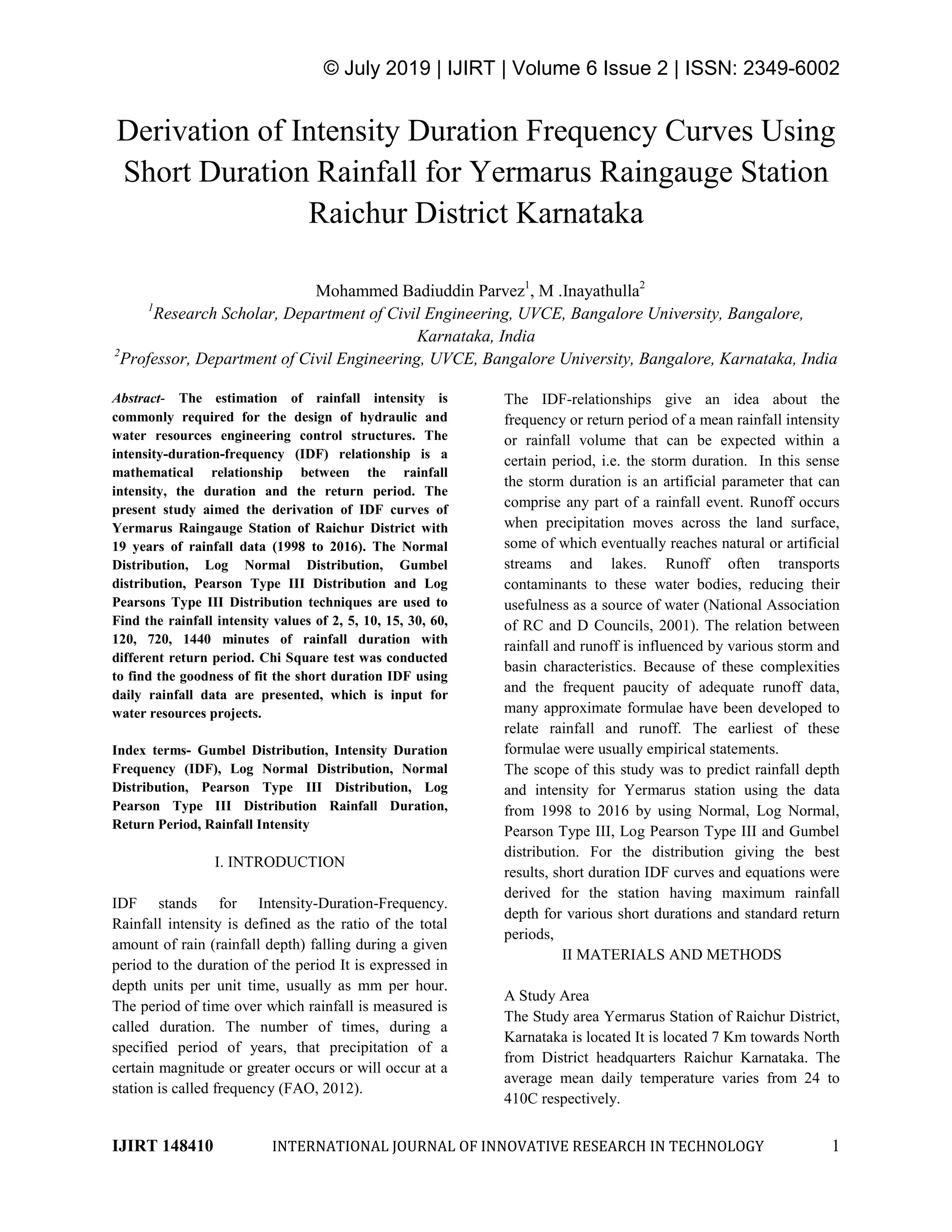 Derivation Of Intensity Duration Frequency Curves Using Short Duration