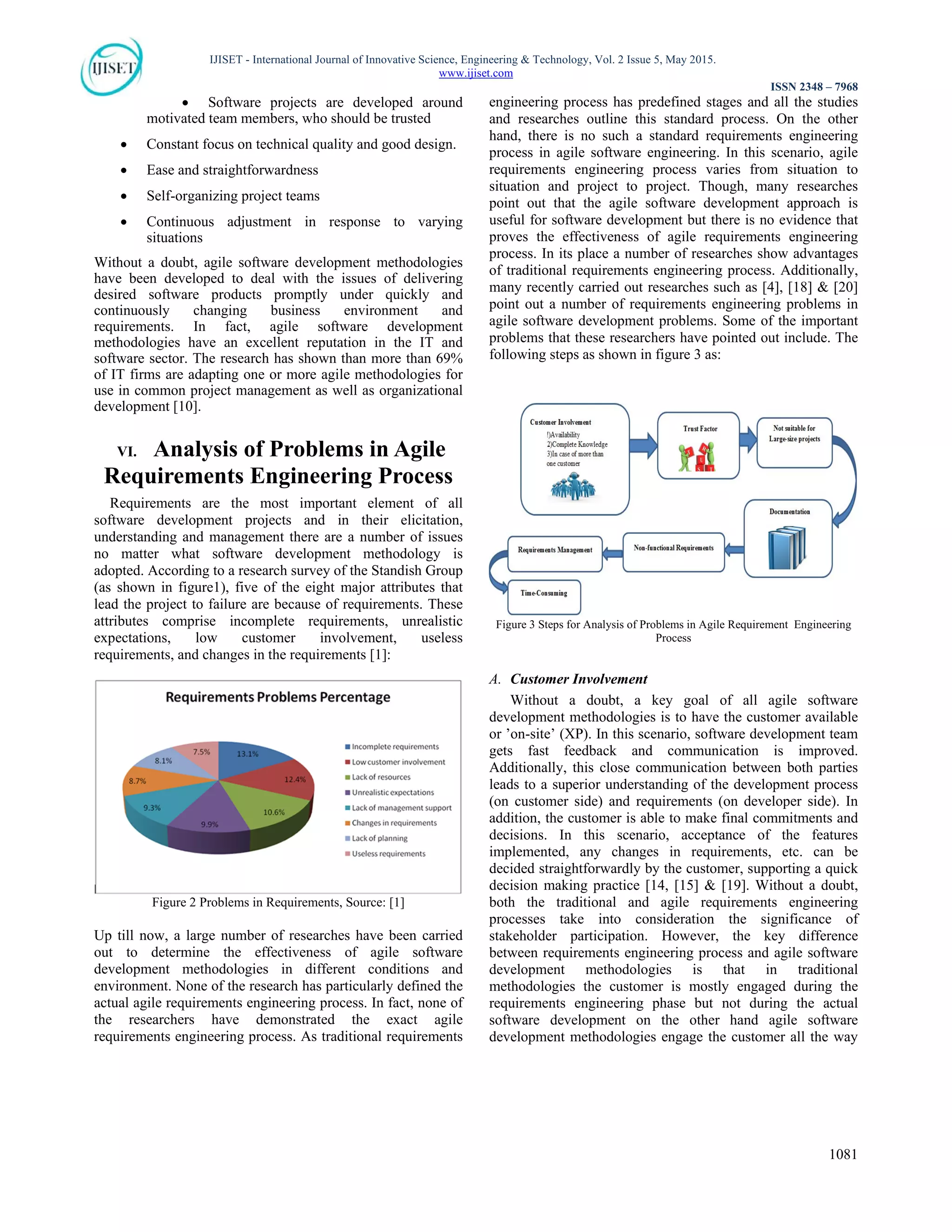 IJISET - International Journal of Innovative Science, Engineering & Technology, Vol. 2 Issue 5, May 2015.
www.ijiset.com
ISSN 2348 – 7968
1081
 Software projects are developed around
motivated team members, who should be trusted
 Constant focus on technical quality and good design.
 Ease and straightforwardness
 Self-organizing project teams
 Continuous adjustment in response to varying
situations
Without a doubt, agile software development methodologies
have been developed to deal with the issues of delivering
desired software products promptly under quickly and
continuously changing business environment and
requirements. In fact, agile software development
methodologies have an excellent reputation in the IT and
software sector. The research has shown than more than 69%
of IT firms are adapting one or more agile methodologies for
use in common project management as well as organizational
development [10].
VI. Analysis of Problems in Agile
Requirements Engineering Process
Requirements are the most important element of all
software development projects and in their elicitation,
understanding and management there are a number of issues
no matter what software development methodology is
adopted. According to a research survey of the Standish Group
(as shown in figure1), five of the eight major attributes that
lead the project to failure are because of requirements. These
attributes comprise incomplete requirements, unrealistic
expectations, low customer involvement, useless
requirements, and changes in the requirements [1]:
Figure 2 Problems in Requirements, Source: [1]
Up till now, a large number of researches have been carried
out to determine the effectiveness of agile software
development methodologies in different conditions and
environment. None of the research has particularly defined the
actual agile requirements engineering process. In fact, none of
the researchers have demonstrated the exact agile
requirements engineering process. As traditional requirements
engineering process has predefined stages and all the studies
and researches outline this standard process. On the other
hand, there is no such a standard requirements engineering
process in agile software engineering. In this scenario, agile
requirements engineering process varies from situation to
situation and project to project. Though, many researches
point out that the agile software development approach is
useful for software development but there is no evidence that
proves the effectiveness of agile requirements engineering
process. In its place a number of researches show advantages
of traditional requirements engineering process. Additionally,
many recently carried out researches such as [4], [18] & [20]
point out a number of requirements engineering problems in
agile software development problems. Some of the important
problems that these researchers have pointed out include. The
following steps as shown in figure 3 as:
Figure 3 Steps for Analysis of Problems in Agile Requirement Engineering
Process
A. Customer Involvement
Without a doubt, a key goal of all agile software
development methodologies is to have the customer available
or ’on-site’ (XP). In this scenario, software development team
gets fast feedback and communication is improved.
Additionally, this close communication between both parties
leads to a superior understanding of the development process
(on customer side) and requirements (on developer side). In
addition, the customer is able to make final commitments and
decisions. In this scenario, acceptance of the features
implemented, any changes in requirements, etc. can be
decided straightforwardly by the customer, supporting a quick
decision making practice [14, [15] & [19]. Without a doubt,
both the traditional and agile requirements engineering
processes take into consideration the significance of
stakeholder participation. However, the key difference
between requirements engineering process and agile software
development methodologies is that in traditional
methodologies the customer is mostly engaged during the
requirements engineering phase but not during the actual
software development on the other hand agile software
development methodologies engage the customer all the way
 