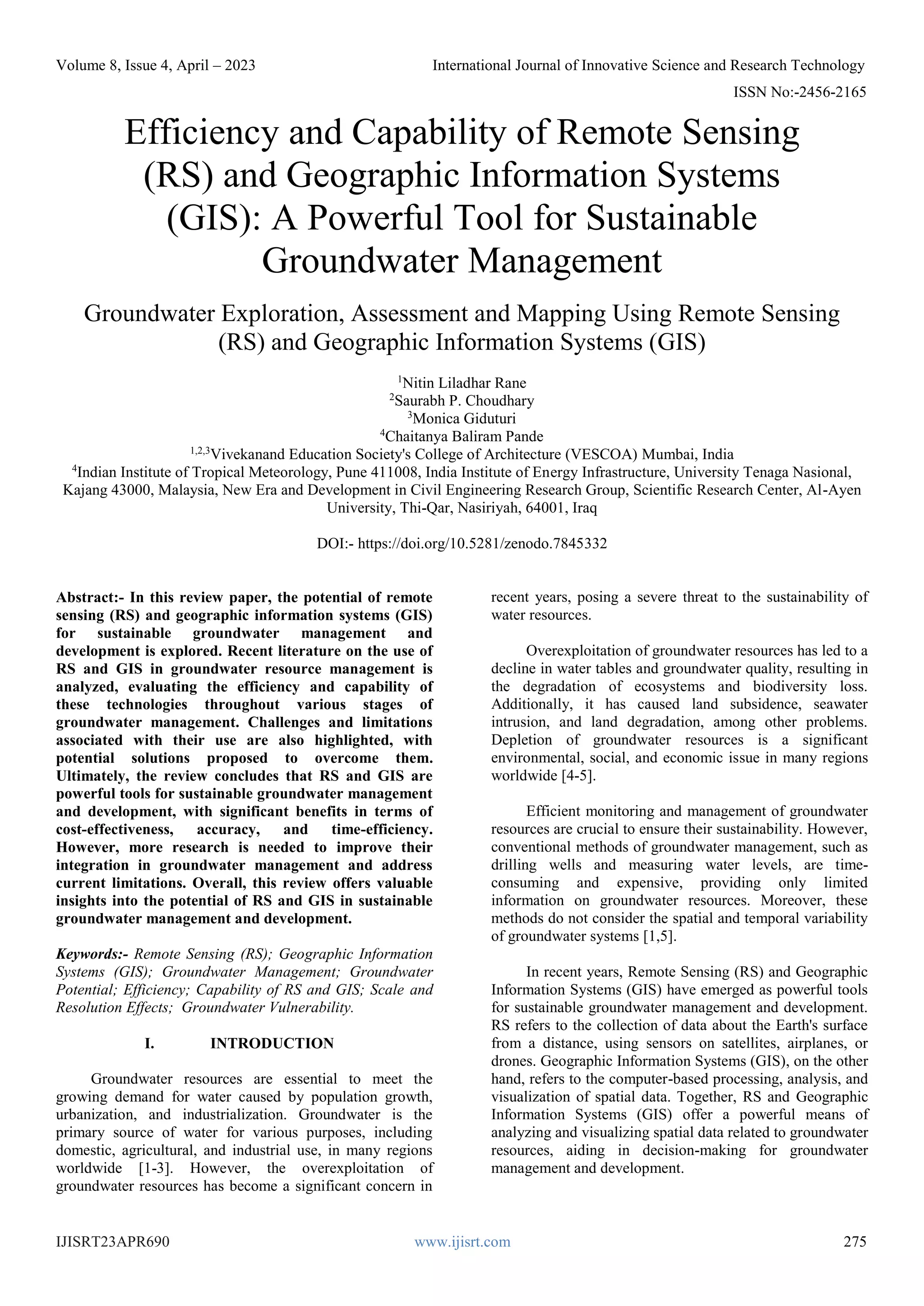 Efficiency and Capability of Remote Sensing (RS) and Geographic