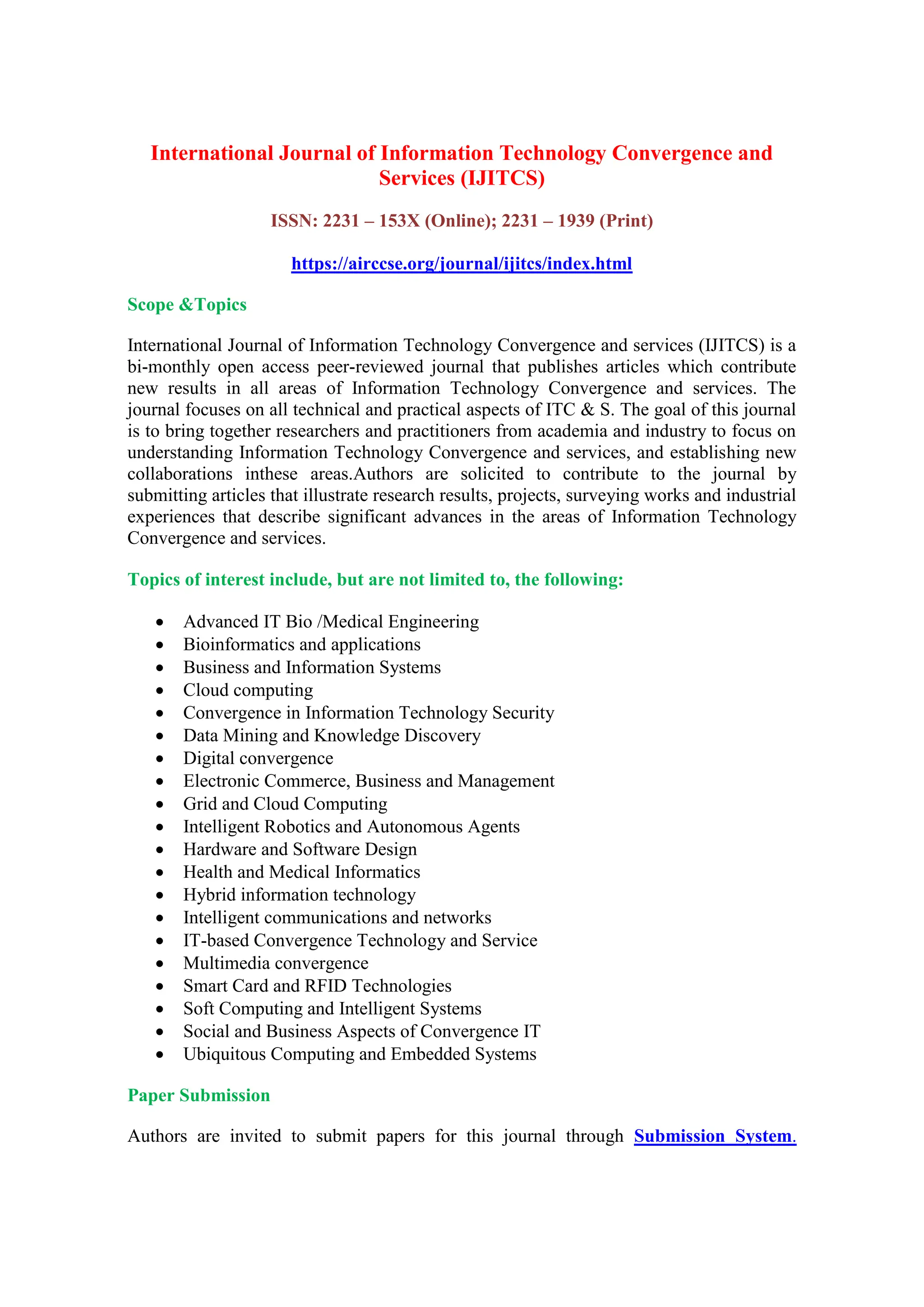 International Journal of Information Technology Convergence and ...