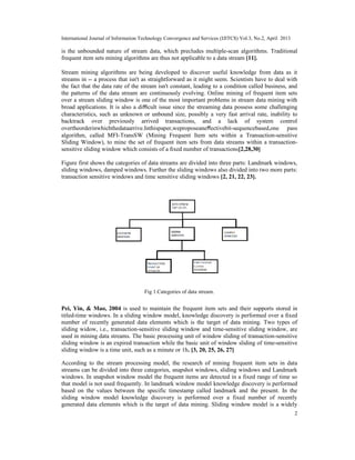 International Journal of Information Technology Convergence and Services (IJITCS) Vol.3, No.2, April 2013
2
is the unbounded nature of stream data, which precludes multiple-scan algorithms. Traditional
frequent item sets mining algorithms are thus not applicable to a data stream [11].
Stream mining algorithms are being developed to discover useful knowledge from data as it
streams in -- a process that isn't as straightforward as it might seem. Scientists have to deal with
the fact that the data rate of the stream isn't constant, leading to a condition called business, and
the patterns of the data stream are continuously evolving. Online mining of frequent item sets
over a stream sliding window is one of the most important problems in stream data mining with
broad applications. It is also a diﬃcult issue since the streaming data possess some challenging
characteristics, such as unknown or unbound size, possibly a very fast arrival rate, inability to
backtrack over previously arrived transactions, and a lack of system control
overtheorderinwhichthedataarrive.Inthispaper,weproposeaneﬀectivebit-sequencebased,one pass
algorithm, called MFI-TransSW (Mining Frequent Item sets within a Transaction-sensitive
Sliding Window), to mine the set of frequent item sets from data streams within a transaction-
sensitive sliding window which consists of a ﬁxed number of transactions[2,28,30]
Figure first shows the categories of data streams are divided into three parts: Landmark windows,
sliding windows, damped windows. Further the sliding windows also divided into two more parts:
transaction sensitive windows and time sensitive sliding windows [2, 21, 22, 23].
Fig 1.Categories of data stream.
Pei, Yin, & Mao, 2004 is used to maintain the frequent item sets and their supports stored in
titled-time windows. In a sliding window model, knowledge discovery is performed over a ﬁxed
number of recently generated data elements which is the target of data mining. Two types of
sliding widow, i.e., transaction-sensitive sliding window and time-sensitive sliding window, are
used in mining data streams. The basic processing unit of window sliding of transaction-sensitive
sliding window is an expired transaction while the basic unit of window sliding of time-sensitive
sliding window is a time unit, such as a minute or 1h. [3, 20, 25, 26, 27]
According to the stream processing model, the research of mining frequent item sets in data
streams can be divided into three categories, snapshot windows, sliding windows and Landmark
windows. In snapshot window model the frequent items are detected in a fixed range of time so
that model is not used frequently. In landmark window model knowledge discovery is performed
based on the values between the specific timestamp called landmark and the present. In the
sliding window model knowledge discovery is performed over a fixed number of recently
generated data elements which is the target of data mining. Sliding window model is a widely
 