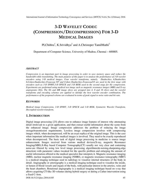 3-D WAVELET CODEC (COMPRESSION/DECOMPRESSION) FOR 3-D MEDICAL IMAGES | PDF image.