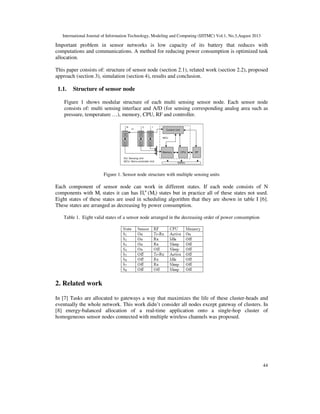 International Journal of Information Technology, Modeling and Computing (IJITMC) Vol.1, No.3,August 2013
44
Important problem in sensor networks is low capacity of its battery that reduces with
computations and communications. A method for reducing power consumption is optimized task
allocation.
This paper consists of: structure of sensor node (section 2.1), related work (section 2.2), proposed
approach (section 3), simulation (section 4), results and conclusion.
1.1. Structure of sensor node
Figure 1 shows modular structure of each multi sensing sensor node. Each sensor node
consists of: multi sensing interface and A/D (for sensing corresponding analog area such as
pressure, temperature …), memory, CPU, RF and controller.
Figure 1. Sensor node structure with multiple sensing units
Each component of sensor node can work in different states. If each node consists of N
components with Mi states it can has Пi
n
(Mi) states but in practice all of these states not used.
Eight states of these states are used in scheduling algorithm that they are shown in table I [6].
These states are arranged as decreasing by power consumption.
Table 1. Eight valid states of a sensor node arranged in the decreasing order of power consumption
2. Related work
In [7] Tasks are allocated to gateways a way that maximizes the life of these cluster-heads and
eventually the whole network. This work didn’t consider all nodes except gateway of clusters. In
[8] energy-balanced allocation of a real-time application onto a single-hop cluster of
homogeneous sensor nodes connected with multiple wireless channels was proposed.
 