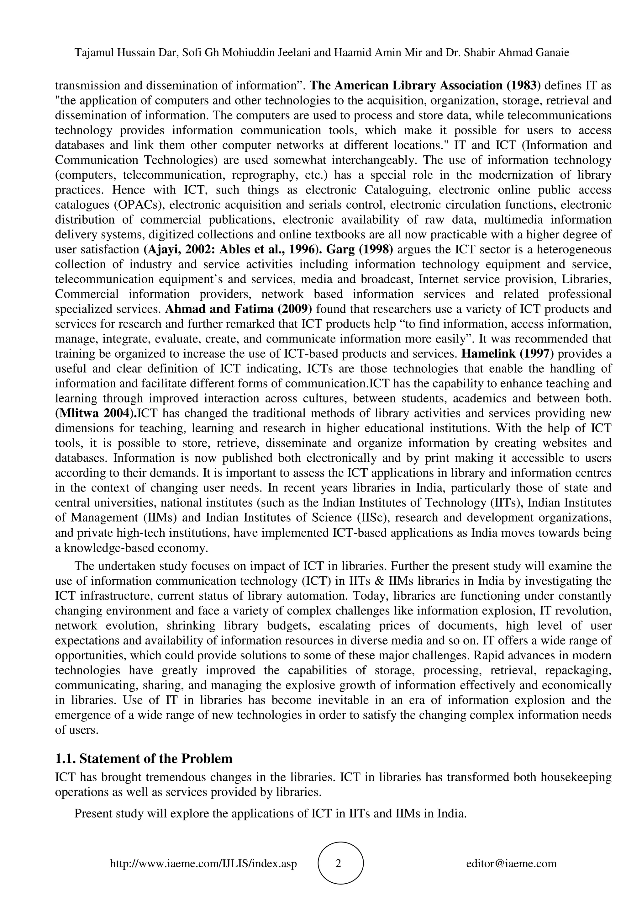 USE OF ICT IN IIT AND IIM LIBRARIES OF INDIA | PDF