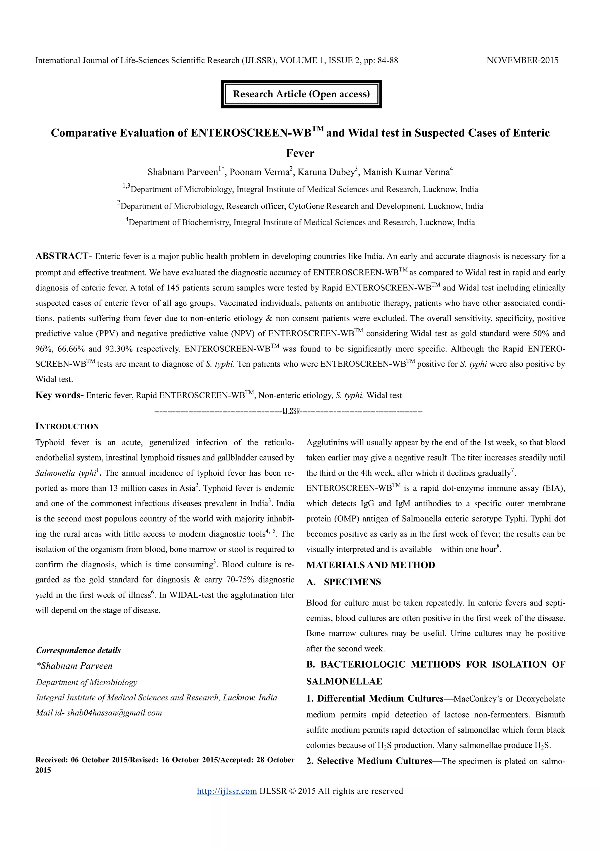 Wbtm Comparative Evaluation of ENTEROSCREEN-WBTM and Widal test in Suspected ...