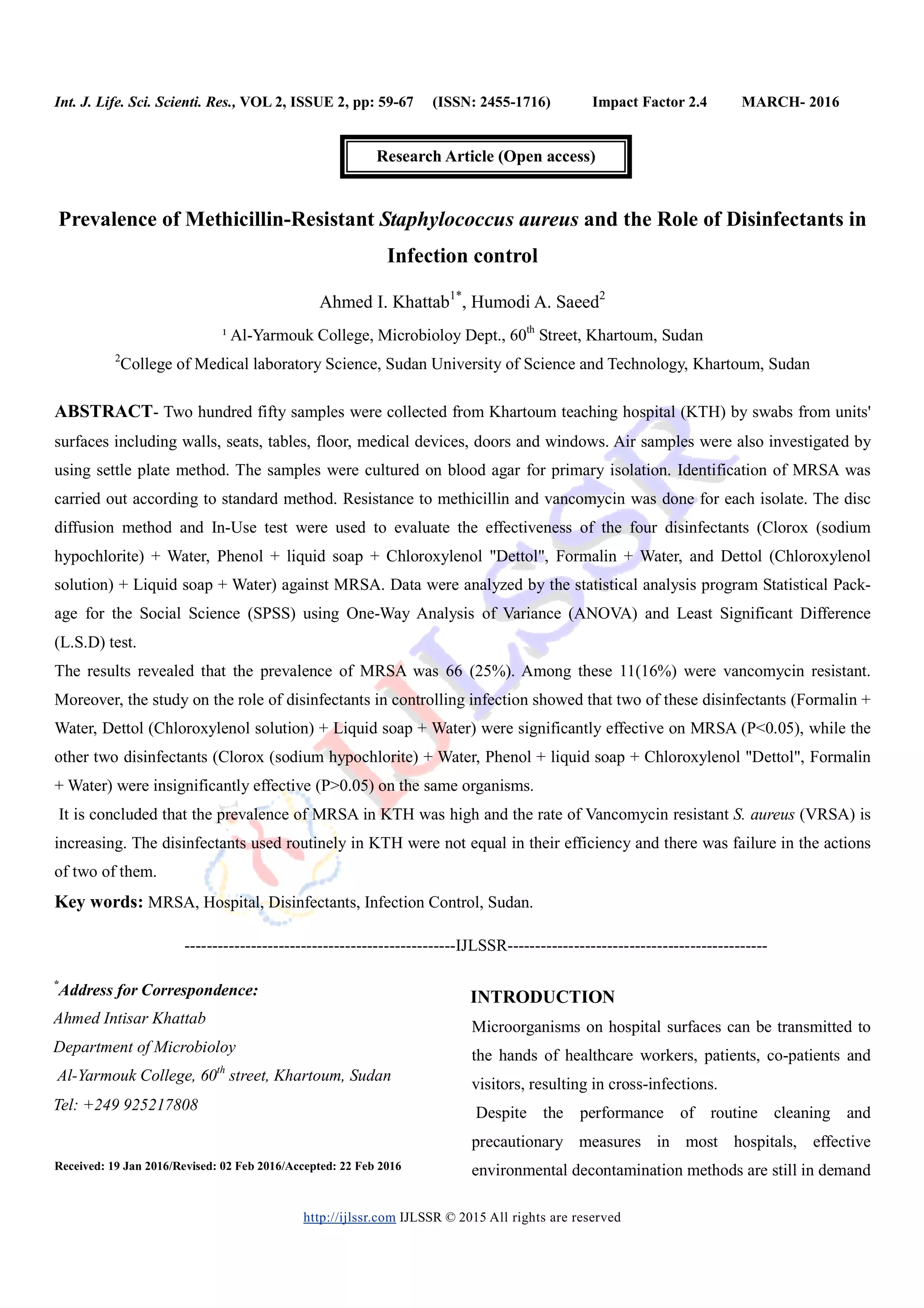 Prevalence of MethicillinResistant Staphylococcus aureus and the Role