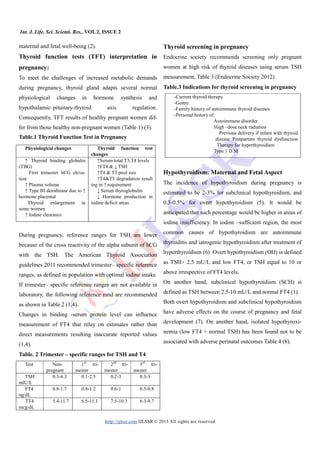 Int. J. Life. Sci. Scienti. Res., VOL 2, ISSUE 2
http://ijlssr.com IJLSSR © 2015 All rights are reserved
maternal and fetal well-being (2).
Thyroid function tests (TFT) interpretation in
pregnancy:
To meet the challenges of increased metabolic demands
during pregnancy, thyroid gland adapts several normal
physiological changes in hormone synthesis and
hypothalamic–pituitary-thyroid axis regulation.
Consequently, TFT results of healthy pregnant women dif-
fer from those healthy non-pregnant women (Table 1) (3).
Table.1 Thyroid Function Test in Pregnancy
During pregnancy, reference ranges for TSH are lower
because of the cross reactivity of the alpha subunit of hCG
with the TSH. The American Thyroid Association
guidelines 2011 recommended trimester– specific reference
ranges, as defined in population with optimal iodine intake.
If trimester– specific reference ranges are not available in
laboratory, the following reference rand are recommended
as shown in Table.2 (1,4).
Changes in binding -serum protein level can influence
measurement of FT4 that relay on estimates rather than
direct measurements resulting inaccurate reported values
(1,4).
Table. 2 Trimester – specific ranges for TSH and T4
Test Non-
pregnant
1st
tri-
mester
2nd
tri-
mester
3rd
tri-
mester
TSH
mlU/L
0.3-4.3 0.1-2.5 0.2-3 0.3-3
FT4
ng/dL
0.8-1.7 0.8-1.2 0.6-1 0.5-0.8
TT4
mcg/dL
5.4-11.7 6.5-11.1 7.5-10.3 6.3-9.7
Thyroid screening in pregnancy
Endocrine society recommends screening only pregnant
women at high risk of thyroid diseases using serum TSH
measurement, Table 3 (Endocrine Society 2012).
Table.3 Indications for thyroid screening in pregnancy
Hypothyroidism: Maternal and Fetal Aspect
The incidence of hypothyroidism during pregnancy is
estimated to be 2-3% for subclinical hypothyroidism, and
0.3-0.5% for overt hypothyroidism (5). It would be
anticipated that such percentage would be higher in areas of
iodine insufficiency. In iodine –sufficient region, the most
common causes of hypothyroidism are autoimmune
thyroiditis and iatrogenic hypothyroidism after treatment of
hyperthyroidism (6) .Overt hypothyroidism (OH) is defined
as TSH> 2.5 mU/L and low FT4, or TSH equal to 10 or
above irrespective of FT4 levels.
On another hand, subclinical hypothyroidism (SCH) is
defined as TSH between 2.5-10 mU/L and normal FT4 (1).
Both overt hypothyroidism and subclinical hypothyroidism
have adverse effects on the course of pregnancy and fetal
development (7). On another hand, isolated hypothyroxi-
nemia (low FT4 + normal TSH) has been found not to be
associated with adverse perinatal outcomes Table 4 (8).
Physiological changes Thyroid function test
changes
↑ Thyroid binding globulin
(TBG)
First trimester hCG eleva-
tion
↑ Plasma volume
↑ Type III deiodinase due to ↑
hormone placental
Thyroid enlargement in
some women
↑ Iodine clearance
↑Serum total T3,T4 levels
↑FT4 & ↓ TSH
↑T4 & T3 pool size
↑T4&T3 degradation result
ing in ↑ requirement
↓ Serum thyroglobulin
↓ Hormone production in
iodine deficit areas
-Current thyroid therapy
-Goitre
-Family history of autoimmune thyroid diseases
-Personal history of:
Autoimmune disorder
High –dose neck radiation
Previous delivery if infant with thyroid
disease Postpartum thyroid dysfunction
Therapy for hyperthyroidism
Type 1 D.M
 