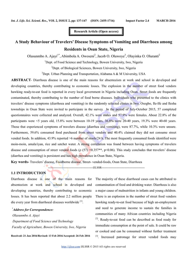 A Study Behaviour of Travelers’ Disease Symptoms of Vomiting and Diarrhoea among Residents in