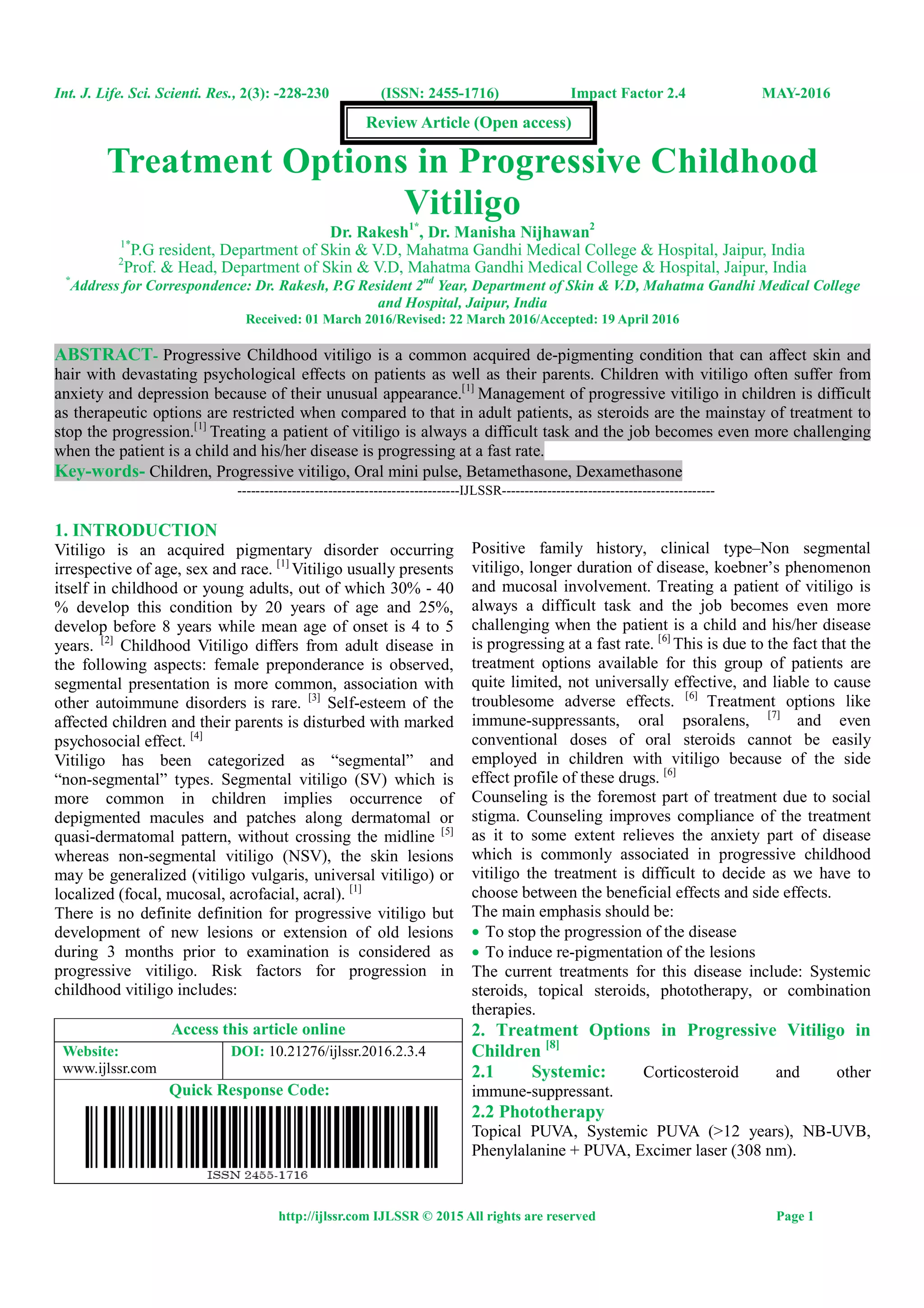Treatment Options in Progressive Childhood Vitiligo | PDF