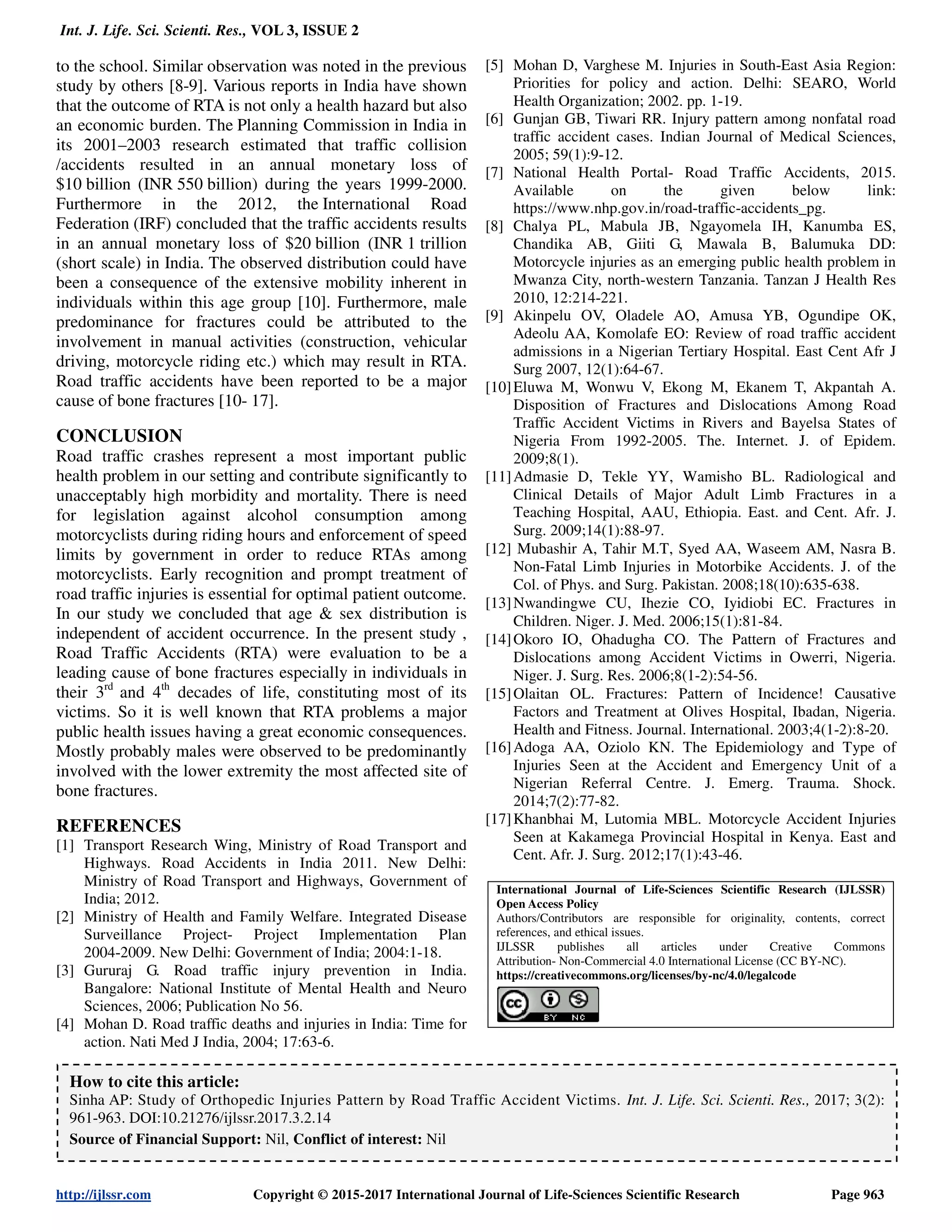 Study of Orthopedic Injuries Pattern by Road Traffic Accident Victims | PDF
