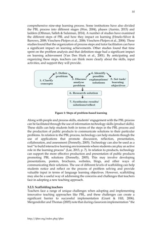 10
http://ijlter.org/index.php/ijlter
comprehensive nine-step learning process. Some institutions have also divided
the PBL process into different stages (Wee, 2004), phases (Aarnio, 2015) and
ladders (Othman, Salleh & Sulaiman, 2014). A number of studies have examined
the different steps of PBL and how they impact on learning (Hmelo-Silver &
Barrows, 2008; Visschers-Pleijers et al., 2006; Visschers-Pleijers et al., 2004). These
studies found that the organization of process steps and tutor facilitation can have
a significant impact on learning achievements. Other studies found that time
spent on the problem analysis and that definition stage had a significant impact
on learning achievement (Van Den Hurk et al., 2001). By anticipating and
organizing these steps, teachers can think more clearly about the skills, input
activities, and support they will provide.
Figure 1: Steps of problem-based learning
Along with people and process skills, students’ engagement with the PBL process
can be facilitated through the use of information technology skills (product skills).
These skills can help students both in terms of the steps in the PBL process and
the production of public products to communicate solutions to their particular
problems. In relation to the PBL process, technology can help students though the
use of applications that promote discussion, reflection, presentation,
collaboration, and assessment (Donnelly, 2005). Technology can also be used as a
tool “to build interactive learning environments where students can play an active
role in the learning process” (Lee, 2013, p. 7). In relation to products, technology
can support the more effective production and presentation of public products
promoting PBL solutions (Donnelly, 2005). This may involve developing
presentations, posters, brochures, websites, blogs, and other ways of
communicating their solutions. The use of different levels of scaffolding can help
students notice and reflect on the process of problem solving and provide
valuable input in terms of language learning objectives. However, scaffolding
may also be a useful way of addressing the concerns and challenges that teachers
face in adopting a new teaching approach.
3.2.3. Scaffolding teachers
Teachers face a range of unique challenges when adopting and implementing
innovative teaching approaches like PBL, and these challenges can create a
significant barrier to successful implementation (Grant & Hill, 2006).
Mergendoller and Thomas (2005) note that during classroom implementation “the
 