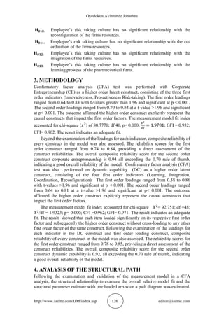 Oyedokun Akintunde Jonathan
http://www.iaeme.com/IJM/index.asp 126 editor@iaeme.com
Employee’s risk taking culture has no significant relationship with the
reconfiguration of the firms resources.
Employee’s risk taking culture has no significant relationship with the co-
ordination of the firms resources.
Employee’s risk taking culture has no significant relationship with the
integration of the firms resources.
Employee’s risk taking culture has no significant relationship with the
learning prowess of the pharmaceutical firms.
3. METHODOLOGY
Confirmatory factor analysis (CFA) test was performed with Corporate
Entrepreneurship (CE) as a higher order latent construct, consisting of the three first
order indicators (Innovativeness, Pro-activeness Risk-taking). The first order loadings
ranged from 0.64 to 0.88 with t-values greater than 1.96 and significant at p < 0.001.
The second order loadings ranged from 0.70 to 0.84 at a t-value >1.96 and significant
at p< 0.001. The outcome affirmed the higher order construct explicitly represent the
causal constructs that impact the first order factors. The measurement model fit index
accounted for chi-square ( ) of 80.7771; df 41, p= 0.000, ; GFI = 0.932;
CFI= 0.902. The result indicates an adequate fit.
Beyond the examination of the loadings for each indicator, composite reliability of
every construct in the model was also assessed. The reliability scores for the first
order construct ranged from 0.74 to 0.84, providing a direct assessment of the
construct reliabilities. The overall composite reliability score for the second order
construct corporate entrepreneurship is 0.94 all exceeding the 0.70 rule of thumb,
indicating a good overall reliability of the model. Confirmatory factor analysis (CFA)
test was also performed on dynamic capability (DC) as a higher order latent
construct, consisting of the four first order indicators (Learning, Integration,
Coordination, Reconfiguration). The first order loadings ranged from 0.58 to 0.86
with t-values >1.96 and significant at p < 0.001. The second order loadings ranged
from 0.64 to 0.81 at a t-value >1.96 and significant at p< 0.001. The outcome
affirmed the higher order construct explicitly represent the causal constructs that
impact the first order factors.
The measurement model fit index accounted for chi-square = 92.751; df =48;
/df = 1.9323; p= 0.000; CFI =0.962; GFI= 0.971. The result indicates an adequate
fit. The result showed that each item loaded significantly on its respective first order
factor and subsequently the higher order construct without cross-loading to any other
first order factor of the same construct. Following the examination of the loadings for
each indicator in the DC construct and first order loading construct, composite
reliability of every construct in the model was also assessed. The reliability scores for
the first order construct ranged from 0.78 to 0.85, providing a direct assessment of the
construct reliabilities. The overall composite reliability score for the second order
construct dynamic capability is 0.92, all exceeding the 0.70 rule of thumb, indicating
a good overall reliability of the model.
4. ANALYSIS OF THE STRUCTURAL PATH
Following the examination and validation of the measurement model in a CFA
analysis, the structural relationship to examine the overall relative model fit and the
structural parameter estimate with one headed arrow on a path diagram was estimated.
 