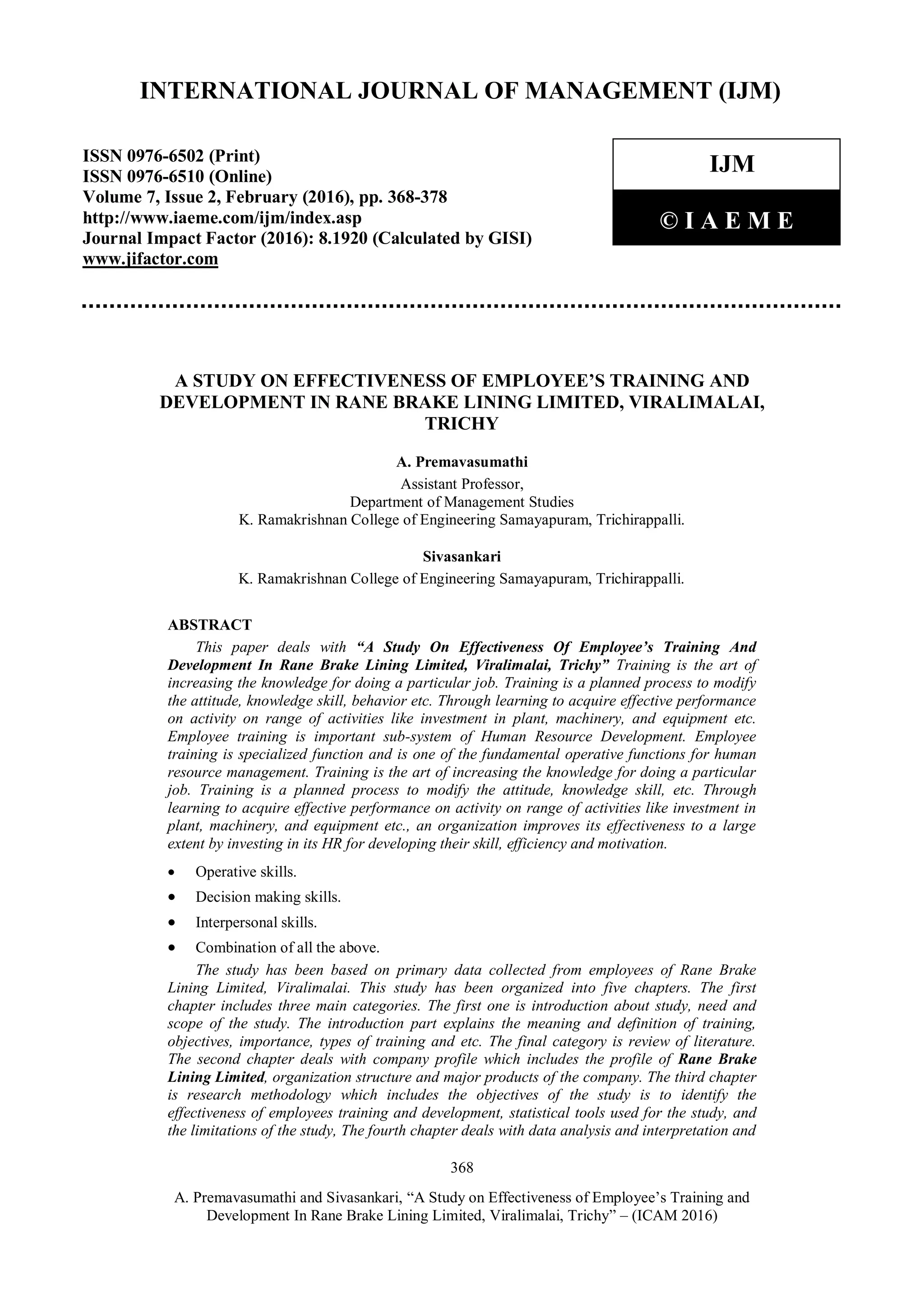 A STUDY ON EFFECTIVENESS OF EMPLOYEE’S TRAINING AND DEVELOPMENT IN RANE ...