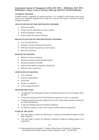 A STUDY ON EFFECTIVENESS OF EMPLOYEE’S TRAINING AND DEVELOPMENT IN RANE ...