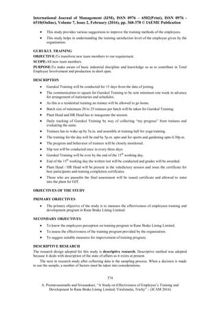 A STUDY ON EFFECTIVENESS OF EMPLOYEE’S TRAINING AND DEVELOPMENT IN RANE ...