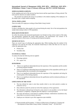 A STUDY ON EFFECTIVENESS OF EMPLOYEE’S TRAINING AND DEVELOPMENT IN RANE ...