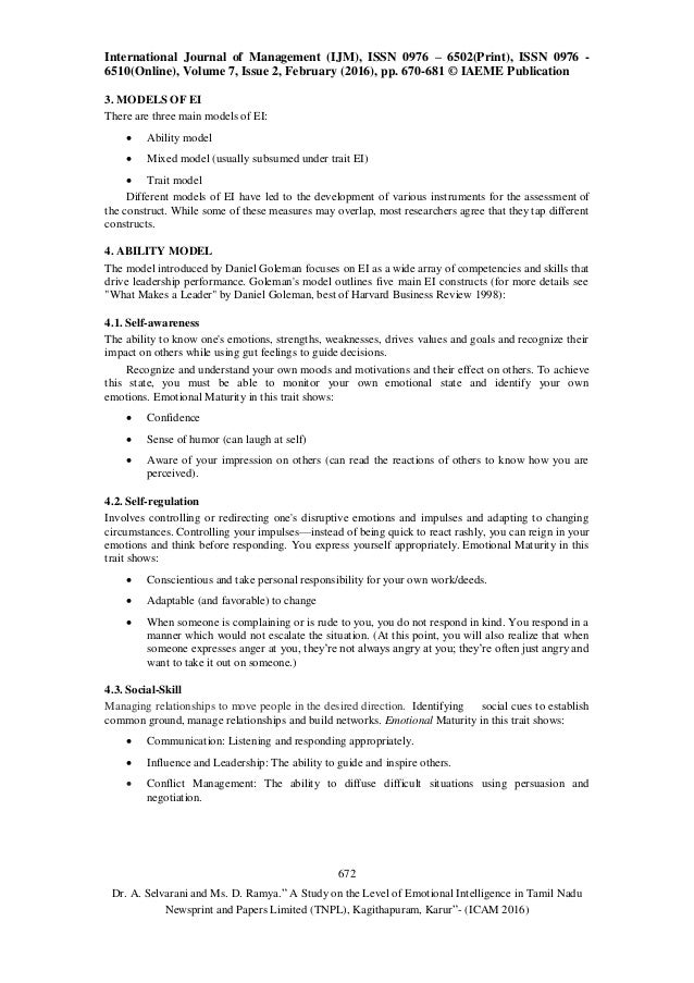 A Study On The Level Of Emotional Intelligence In Tamil Nadu Newsprin