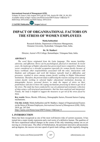 IMPACT OF ORGANISATIONAL FACTORS ON THE STRESS OF WOMEN EMPLOYEES | PDF