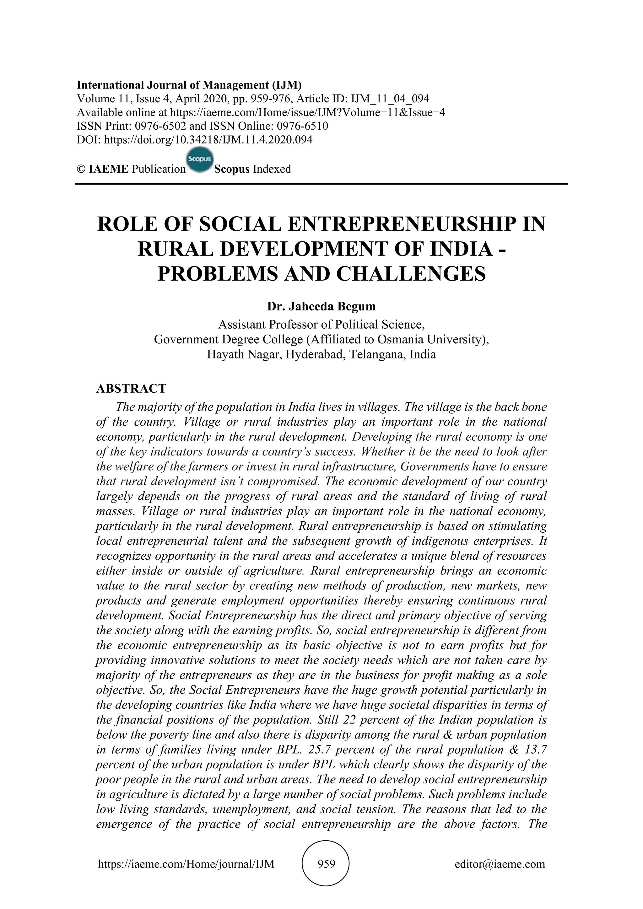 ROLE OF SOCIAL ENTREPRENEURSHIP IN RURAL DEVELOPMENT OF INDIA ...