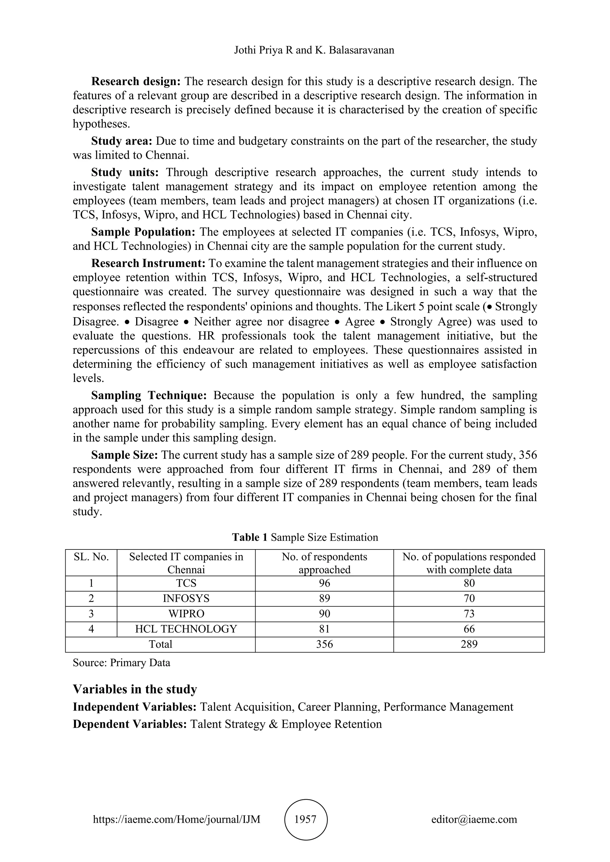 Jothi Priya R and K. Balasaravanan
https://iaeme.com/Home/journal/IJM 1957 editor@iaeme.com
Research design: The research design for this study is a descriptive research design. The
features of a relevant group are described in a descriptive research design. The information in
descriptive research is precisely defined because it is characterised by the creation of specific
hypotheses.
Study area: Due to time and budgetary constraints on the part of the researcher, the study
was limited to Chennai.
Study units: Through descriptive research approaches, the current study intends to
investigate talent management strategy and its impact on employee retention among the
employees (team members, team leads and project managers) at chosen IT organizations (i.e.
TCS, Infosys, Wipro, and HCL Technologies) based in Chennai city.
Sample Population: The employees at selected IT companies (i.e. TCS, Infosys, Wipro,
and HCL Technologies) in Chennai city are the sample population for the current study.
Research Instrument: To examine the talent management strategies and their influence on
employee retention within TCS, Infosys, Wipro, and HCL Technologies, a self-structured
questionnaire was created. The survey questionnaire was designed in such a way that the
responses reflected the respondents' opinions and thoughts. The Likert 5 point scale (• Strongly
Disagree. • Disagree • Neither agree nor disagree • Agree • Strongly Agree) was used to
evaluate the questions. HR professionals took the talent management initiative, but the
repercussions of this endeavour are related to employees. These questionnaires assisted in
determining the efficiency of such management initiatives as well as employee satisfaction
levels.
Sampling Technique: Because the population is only a few hundred, the sampling
approach used for this study is a simple random sample strategy. Simple random sampling is
another name for probability sampling. Every element has an equal chance of being included
in the sample under this sampling design.
Sample Size: The current study has a sample size of 289 people. For the current study, 356
respondents were approached from four different IT firms in Chennai, and 289 of them
answered relevantly, resulting in a sample size of 289 respondents (team members, team leads
and project managers) from four different IT companies in Chennai being chosen for the final
study.
Table 1 Sample Size Estimation
SL. No. Selected IT companies in
Chennai
No. of respondents
approached
No. of populations responded
with complete data
1 TCS 96 80
2 INFOSYS 89 70
3 WIPRO 90 73
4 HCL TECHNOLOGY 81 66
Total 356 289
Source: Primary Data
Variables in the study
Independent Variables: Talent Acquisition, Career Planning, Performance Management
Dependent Variables: Talent Strategy & Employee Retention
 
