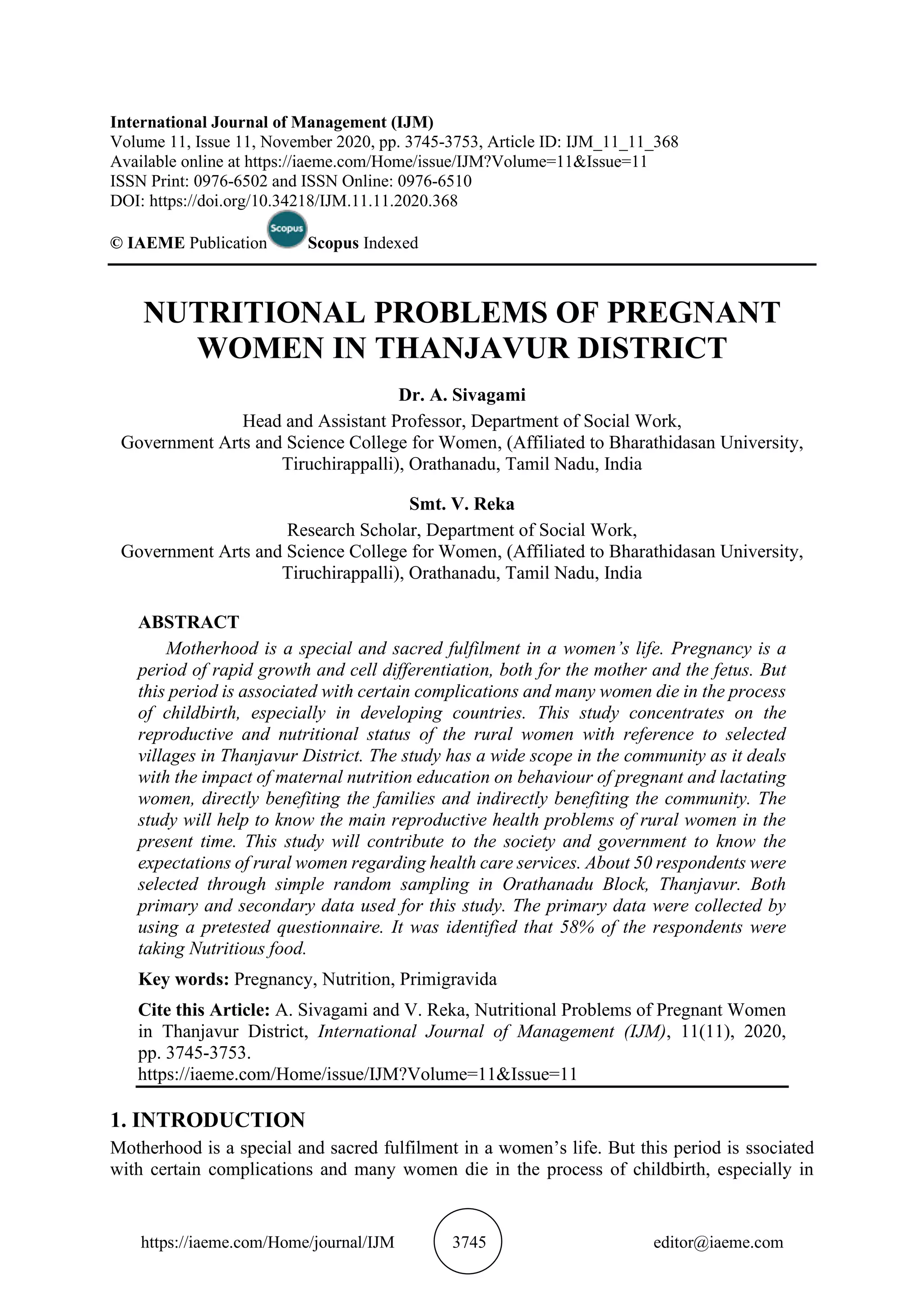 NUTRITIONAL PROBLEMS OF PREGNANT WOMEN IN THANJAVUR DISTRICT | PDF