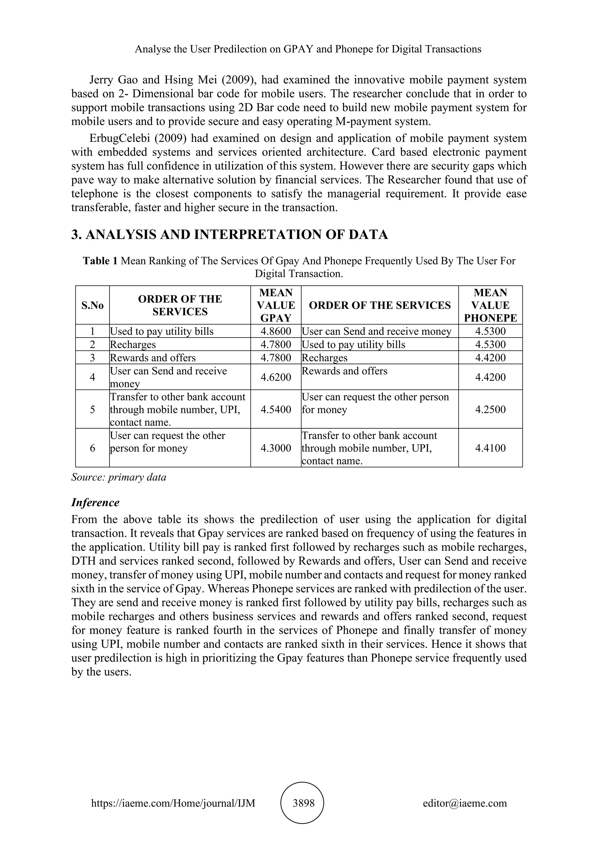 Analyse the User Predilection on GPAY and Phonepe for Digital Transactions
https://iaeme.com/Home/journal/IJM 3898 editor@iaeme.com
Jerry Gao and Hsing Mei (2009), had examined the innovative mobile payment system
based on 2- Dimensional bar code for mobile users. The researcher conclude that in order to
support mobile transactions using 2D Bar code need to build new mobile payment system for
mobile users and to provide secure and easy operating M-payment system.
ErbugCelebi (2009) had examined on design and application of mobile payment system
with embedded systems and services oriented architecture. Card based electronic payment
system has full confidence in utilization of this system. However there are security gaps which
pave way to make alternative solution by financial services. The Researcher found that use of
telephone is the closest components to satisfy the managerial requirement. It provide ease
transferable, faster and higher secure in the transaction.
3. ANALYSIS AND INTERPRETATION OF DATA
Table 1 Mean Ranking of The Services Of Gpay And Phonepe Frequently Used By The User For
Digital Transaction.
S.No
ORDER OF THE
SERVICES
MEAN
VALUE
GPAY
ORDER OF THE SERVICES
MEAN
VALUE
PHONEPE
1 Used to pay utility bills 4.8600 User can Send and receive money 4.5300
2 Recharges 4.7800 Used to pay utility bills 4.5300
3 Rewards and offers 4.7800 Recharges 4.4200
4
User can Send and receive
money
4.6200
Rewards and offers
4.4200
5
Transfer to other bank account
through mobile number, UPI,
contact name.
4.5400
User can request the other person
for money 4.2500
6
User can request the other
person for money 4.3000
Transfer to other bank account
through mobile number, UPI,
contact name.
4.4100
Source: primary data
Inference
From the above table its shows the predilection of user using the application for digital
transaction. It reveals that Gpay services are ranked based on frequency of using the features in
the application. Utility bill pay is ranked first followed by recharges such as mobile recharges,
DTH and services ranked second, followed by Rewards and offers, User can Send and receive
money, transfer of money using UPI, mobile number and contacts and request for money ranked
sixth in the service of Gpay. Whereas Phonepe services are ranked with predilection of the user.
They are send and receive money is ranked first followed by utility pay bills, recharges such as
mobile recharges and others business services and rewards and offers ranked second, request
for money feature is ranked fourth in the services of Phonepe and finally transfer of money
using UPI, mobile number and contacts are ranked sixth in their services. Hence it shows that
user predilection is high in prioritizing the Gpay features than Phonepe service frequently used
by the users.
 