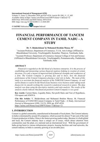 FINANCIAL PERFORMANCE OF TANCEM CEMENT COMPANY IN TAMIL NADU - A STUDY ...