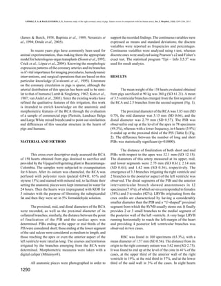 GÓMEZ, F. A. & BALLESTEROS, L. E. Anatomic study of the right coronary artery in pigs. feature review in comparison with the human artery. Int. J. Morphol., 31(4):1289-1296, 2013.

(James & Burch, 1958; Baptista et al., 1989; Nerantzis et
al., 1994; Ortale et al., 2005).
In recent years pigs have commonly been used for
animal experimentation, thus making them the appropriate
model for heterologous organ transplants (Sisson et al., 1995;
Crick et al.; López et al., 2004). Knowing the morphologic
expression patterns of the coronary arteries and its branches
is of vital importance for imaging procedures, hemodynamic
interventions, and surgical operations that are based on this
particular knowledge (Cavalcanti et al., 1995). Literature
on the coronary circulation in pigs is sparse, although the
arterial distribution of this species has been said to be similar to that of humans (Lumb & Singletary, 1962; Kato et al.,
1987; van Andel et al., 2003). Since the existing works have
refined the qualitative features of this irrigation, this work
is intended to enrich knowledge on the anatomic and
morphometric features of the RCA through the evaluation
of a sample of commercial pigs (Pietrain, Landrace Belga
and Large White mixed breeds) and to point out similarities
and differences of this vascular structure in the hearts of
pigs and humans.

MATERIAL AND METHOD

This cross-over descriptive study assessed the RCA
of 158 hearts obtained from pigs destined to sacrifice and
provided by the Vijagual refrigerating plant in BucaramangaColombia. The samples were subjected to exsanguination
for 6 hours. After its ostium was channeled, the RCA was
perfused with polyester resin (palatal GP41L 85% and
styrene 15%) and stained with mineral red; to facilitate their
setting the anatomic pieces were kept immersed in water for
24 hours. Then the hearts were impregnated with KOH for
5 minutes with the purpose of liberating the subepicardial
fat and then they were set in 5% formaldehyde solution.
The proximal, mid, and distal diameters of the RCA
were recorded, as well as the proximal diameter of its
collateral branches; similarly, the distance between the point
of finalization of the PIB and the cardiac apex was
determined. PIBs ending at the upper or mid thirds of the
PIS were considered short; those ending at the lower segment
of the said sulcus were considered as medium in length, and
those reaching the apex or even the anterior aspect of the
left ventricle were rated as long. The courses and territories
irrigated by the branches emerging from the RCA were
determined. Morphometric measures were taken with a
digital caliper (Mitutoyo®).
All anatomic pieces were photographed in order to

1290

support the recorded findings. The continuous variables were
expressed as means and standard deviations; the discrete
variables were reported as frequencies and percentages.
Continuous variables were analyzed using t test, whereas
discrete ones were analyzed using Pearson’s c2 and Fisher’s
exact test. The statistical program “Epi – Info 3,5.3” was
used for result analysis.

RESULTS

The mean weight of the 158 hearts evaluated obtained
from pigs sacrificed at 90 kg was 360 g (SD 61.21). A mean
of 3.5 ventricular branches emerged from the first segment of
the RCA and 2.5 branches from the second segment (Fig. 1).
The proximal diameter of the RCA was 3.85 mm (SD
0.75), the mid diameter was 3.13 mm (SD 0.66), and the
distal diameter was 2.79 mm (SD 0.57). The PIB was
observed to end up at the level of the apex in 78 specimens
(49.3%), whereas with a lower frequency, in 6 hearts (3.9%)
it ended up at the proximal third of the PIS (Table I) (Fig.
2). The difference between the number of long and short
PIBs was statistically significant (p=0.0000).
The distance of finalization of both short and mid
PIBs with respect to the apex was 32.1 mm (SD 12.15).
The diameters of this artery measured at its upper, mid,
and lower segments were 2.75 mm (SD 0.61); 2.14 mm
(SD 0.44); and 1.42 mm (SD 0.36), respectively. The
emergence of 3.3 branches irrigating the right ventricle and
2 branches to the posterior aspect of the left ventricle was
observed. The distal segments of the PIB and the anterior
interventricular branch showed anastomoses in 12
specimens (7.6%), of which seven corresponded to females
(58%) and 5 to males (42%). LRVBs originating from the
crux cordis are characterized by having a considerably
smaller diameter than the PIB and a “U-shaped” proximal
segment from which the AVNB usually stems out. It finally
provides 2 or 3 small branches to the medial segment of
the posterior wall of the left ventricle. A very large LRVB
running horizontally to reach the left margin of the heart
and providing 4 posterior left ventricular branches was
observed in two cases.
RBC was found in 100 specimens (63.3%), with a
mean diameter of 1.57 mm (SD 0.56). The distance from its
origin to the right coronary ostium was 3.62 mm (SD 2.75).
It was found to end up at the level of the cone in 41% of the
cases, at the upper third of the anterior wall of the right
ventricle in 19%, at the mid third in 37%, and at the lower
third of the said wall in 3% of the cases. In eight hearts

 