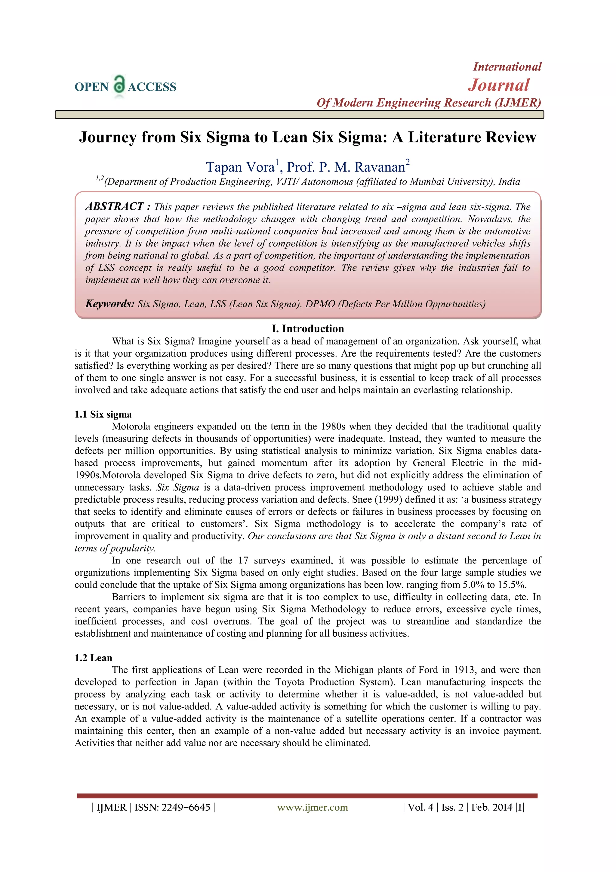 Journey from Six Sigma to Lean Six Sigma: A Literature Review | PDF