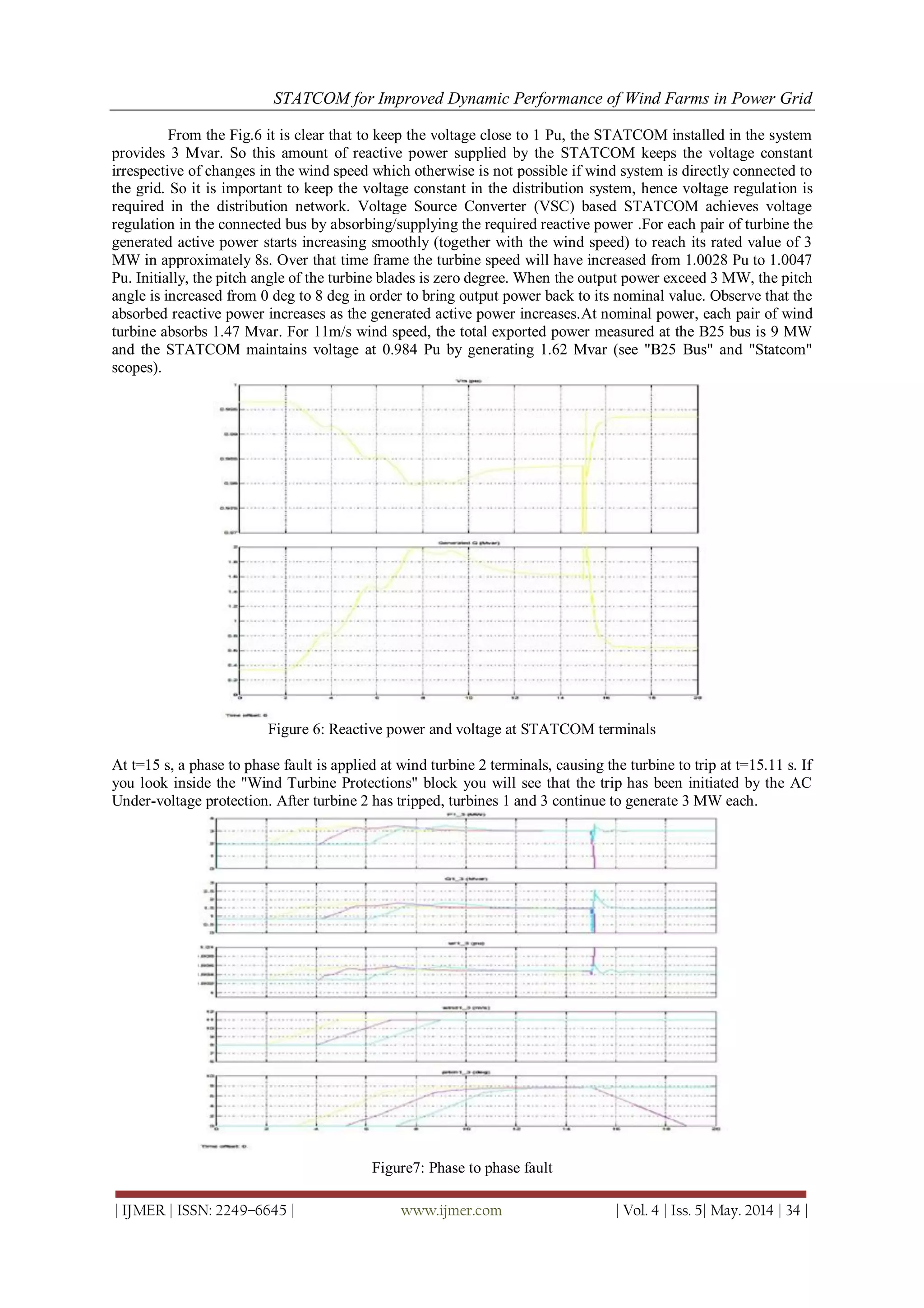 STATCOM for Improved Dynamic Performance of Wind Farms in Power Grid
| IJMER | ISSN: 2249–6645 | www.ijmer.com | Vol. 4 | Iss. 5| May. 2014 | 34 |
From the Fig.6 it is clear that to keep the voltage close to 1 Pu, the STATCOM installed in the system
provides 3 Mvar. So this amount of reactive power supplied by the STATCOM keeps the voltage constant
irrespective of changes in the wind speed which otherwise is not possible if wind system is directly connected to
the grid. So it is important to keep the voltage constant in the distribution system, hence voltage regulation is
required in the distribution network. Voltage Source Converter (VSC) based STATCOM achieves voltage
regulation in the connected bus by absorbing/supplying the required reactive power .For each pair of turbine the
generated active power starts increasing smoothly (together with the wind speed) to reach its rated value of 3
MW in approximately 8s. Over that time frame the turbine speed will have increased from 1.0028 Pu to 1.0047
Pu. Initially, the pitch angle of the turbine blades is zero degree. When the output power exceed 3 MW, the pitch
angle is increased from 0 deg to 8 deg in order to bring output power back to its nominal value. Observe that the
absorbed reactive power increases as the generated active power increases.At nominal power, each pair of wind
turbine absorbs 1.47 Mvar. For 11m/s wind speed, the total exported power measured at the B25 bus is 9 MW
and the STATCOM maintains voltage at 0.984 Pu by generating 1.62 Mvar (see "B25 Bus" and "Statcom"
scopes).
Figure 6: Reactive power and voltage at STATCOM terminals
At t=15 s, a phase to phase fault is applied at wind turbine 2 terminals, causing the turbine to trip at t=15.11 s. If
you look inside the "Wind Turbine Protections" block you will see that the trip has been initiated by the AC
Under-voltage protection. After turbine 2 has tripped, turbines 1 and 3 continue to generate 3 MW each.
Figure7: Phase to phase fault
 