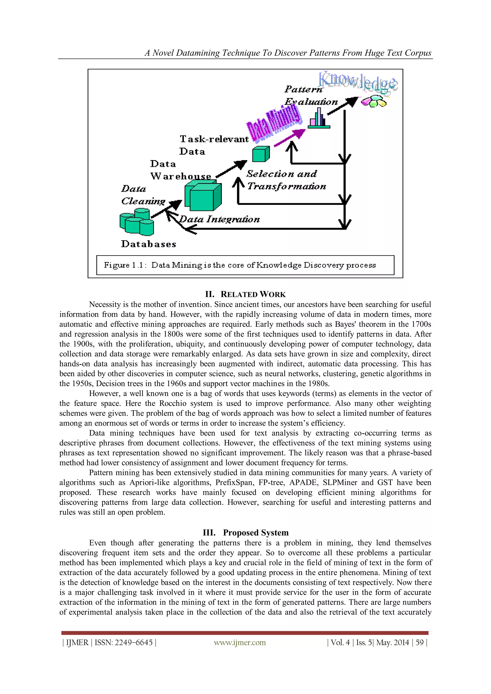 A Novel Datamining Technique To Discover Patterns From Huge Text Corpus
| IJMER | ISSN: 2249–6645 | www.ijmer.com | Vol. 4 | Iss. 5| May. 2014 | 59 |
II. RELATED WORK
Necessity is the mother of invention. Since ancient times, our ancestors have been searching for useful
information from data by hand. However, with the rapidly increasing volume of data in modern times, more
automatic and effective mining approaches are required. Early methods such as Bayes' theorem in the 1700s
and regression analysis in the 1800s were some of the first techniques used to identify patterns in data. After
the 1900s, with the proliferation, ubiquity, and continuously developing power of computer technology, data
collection and data storage were remarkably enlarged. As data sets have grown in size and complexity, direct
hands-on data analysis has increasingly been augmented with indirect, automatic data processing. This has
been aided by other discoveries in computer science, such as neural networks, clustering, genetic algorithms in
the 1950s, Decision trees in the 1960s and support vector machines in the 1980s.
However, a well known one is a bag of words that uses keywords (terms) as elements in the vector of
the feature space. Here the Rocchio system is used to improve performance. Also many other weighting
schemes were given. The problem of the bag of words approach was how to select a limited number of features
among an enormous set of words or terms in order to increase the system’s efficiency.
Data mining techniques have been used for text analysis by extracting co-occurring terms as
descriptive phrases from document collections. However, the effectiveness of the text mining systems using
phrases as text representation showed no significant improvement. The likely reason was that a phrase-based
method had lower consistency of assignment and lower document frequency for terms.
Pattern mining has been extensively studied in data mining communities for many years. A variety of
algorithms such as Apriori-like algorithms, PrefixSpan, FP-tree, APADE, SLPMiner and GST have been
proposed. These research works have mainly focused on developing efficient mining algorithms for
discovering patterns from large data collection. However, searching for useful and interesting patterns and
rules was still an open problem.
III. Proposed System
Even though after generating the patterns there is a problem in mining, they lend themselves
discovering frequent item sets and the order they appear. So to overcome all these problems a particular
method has been implemented which plays a key and crucial role in the field of mining of text in the form of
extraction of the data accurately followed by a good updating process in the entire phenomena. Mining of text
is the detection of knowledge based on the interest in the documents consisting of text respectively. Now there
is a major challenging task involved in it where it must provide service for the user in the form of accurate
extraction of the information in the mining of text in the form of generated patterns. There are large numbers
of experimental analysis taken place in the collection of the data and also the retrieval of the text accurately
 