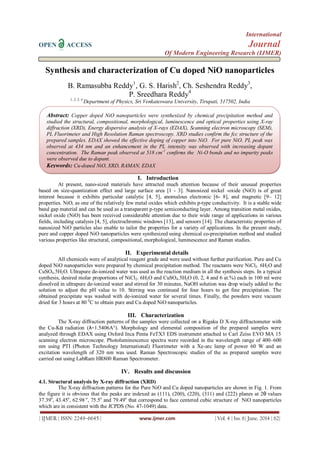 International
OPEN ACCESS Journal
Of Modern Engineering Research (IJMER)
| IJMER | ISSN: 2249–6645 | www.ijmer.com | Vol. 4 | Iss. 6| June. 2014 | 62|
Synthesis and characterization of Cu doped NiO nanoparticles
B. Ramasubba Reddy1
, G. S. Harish2
, Ch. Seshendra Reddy3
,
P. Sreedhara Reddy4
1, 2, 3, 4
Department of Physics, Sri Venkateswara University, Tirupati, 517502, India
I. Introduction
At present, nano-sized materials have attracted much attention because of their unusual properties
based on size-quantization effect and large surface area [1 - 3]. Nanosized nickel -oxide (NiO) is of great
interest because it exhibits particular catalytic [4, 5], anomalous electronic [6- 8], and magnetic [9– 12]
properties. NiO, as one of the relatively few metal oxides which exhibits p-type conductivity. It is a stable wide
band gap material and can be used as a transparent p-type semiconducting layer. Among transition metal oxides,
nickel oxide (NiO) has been received considerable attention due to their wide range of applications in various
fields, including catalysis [4, 5], electrochromic windows [13], and sensors [14]. The characteristic properties of
nanosized NiO particles also enable to tailor the properties for a variety of applications. In the present study,
pure and copper doped NiO nanoparticles were synthesized using chemical co-precipitation method and studied
various properties like structural, compositional, morphological, luminescence and Raman studies.
II. Experimental details
All chemicals were of analytical reagent grade and were used without further purification. Pure and Cu
doped NiO nanoparticles were prepared by chemical precipitation method. The reactants were NiCl2. 6H2O and
CuSO4.5H2O. Ultrapure de-ionized water was used as the reaction medium in all the synthesis steps. In a typical
synthesis, desired molar proportions of NiCl2. 6H2O and CuSO4.5H2O (0, 2, 4 and 6 at.%) each in 100 ml were
dissolved in ultrapure de-ionized water and stirred for 30 minutes, NaOH solution was drop wisely added to the
solution to adjust the pH value to 10. Stirring was continued for four hours to get fine precipitation. The
obtained precipitate was washed with de-ionized water for several times. Finally, the powders were vacuum
dried for 3 hours at 80 0
C to obtain pure and Cu doped NiO nanoparticles.
III. Characterization
The X-ray diffraction patterns of the samples were collected on a Rigaku D X-ray diffractometer with
the Cu-Kα radiation (λ=1.5406A°). Morphology and elemental composition of the prepared samples were
analyzed through EDAX using Oxford Inca Penta FeTX3 EDS instrument attached to Carl Zeiss EVO MA 15
scanning electron microscope. Photoluminescence spectra were recorded in the wavelength range of 400–600
nm using PTI (Photon Technology International) Fluorimeter with a Xe-arc lamp of power 60 W and an
excitation wavelength of 320 nm was used. Raman Spectroscopic studies of the as prepared samples were
carried out using LabRam HR800 Raman Spectrometer.
IV. Results and discussion
4.1. Structural analysis by X-ray diffraction (XRD)
The X-ray diffraction patterns for the Pure NiO and Cu doped nanoparticles are shown in Fig. 1. From
the figure it is obvious that the peaks are indexed as (111), (200), (220), (311) and (222) planes at 2θ values
37.39o
, 43.45o
, 62.98 o
, 75.5o
and 79.49o
that correspond to face centered cubic structure of NiO nanoparticles
which are in consistent with the JCPDS (No. 47-1049) data.
Abstract: Copper doped NiO nanoparticles were synthesized by chemical precipitation method and
studied the structural, compositional, morphological, luminescence and optical properties using X-ray
diffraction (XRD), Energy dispersive analysis of X-rays (EDAX), Scanning electron microscopy (SEM),
PL Fluorimeter and High Resolution Raman spectroscopy. XRD studies confirm the fcc structure of the
prepared samples. EDAX showed the effective doping of copper into NiO. For pure NiO, PL peak was
observed at 434 nm and an enhancement in the PL intensity was observed with increasing dopant
concentration. The Raman peak observed at 518 cm-1
confirms the Ni-O bonds and no impurity peaks
were observed due to dopant.
Keywords: Cu-doped NiO, XRD, RAMAN, EDAX
 