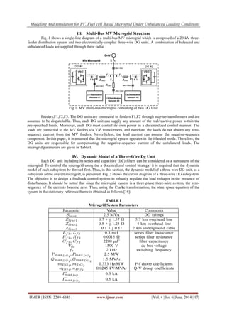 Modeling And simulation for PV, Fuel cell Based Microgrid Under Unbalanced Loading Conditions
| IJMER | ISSN: 2249–6645 | www.ijmer.com | Vol. 4 | Iss. 6| June. 2014 | 17|
III. Multi-Bus MV Microgrid Structure
Fig. 1 shows a single-line diagram of a multi-bus MV microgrid which is composed of a 20-kV three-
feeder distribution system and two electronically-coupled three-wire DG units. A combination of balanced and
unbalanced loads are supplied through three radial
Fig.1. MV multi-bus microgrid consisting of two DG Unit
Feeders,F1,F2,F3. The DG units are connected to feeders F1,F2 through step-up transformers and are
assumed to be dispatchable. Thus, each DG unit can supply any amount of the real/reactive power within the
pre-specified limits. Moreover, each DG must control its own power in a decentralized control manner. The
loads are connected to the MV feeders via Y/Δ transformers, and therefore, the loads do not absorb any zero-
sequence current from the MV feeders. Nevertheless, the load current can assume the negative-sequence
component. In this paper, it is assumed that the microgrid system operates in the islanded mode. Therefore, the
DG units are responsible for compensating the negative-sequence current of the unbalanced loads. The
microgrid parameters are given in Table I.
IV. Dynamic Model of a Three-Wire Dg Unit
Each DG unit including its series and capacitive (LC) filters can be considered as a subsystem of the
microgird. To control the microgrid using the a decentralized control strategy, it is required that the dynamic
model of each subsystem be derived first. Thus, in this section, the dynamic model of a three-wire DG unit, as a
subsystem of the overall microgrid, is presented. Fig. 2 shows the circuit diagram of a three-wire DG subsystem.
The objective is to design a feedback control system to robustly regulate the load voltages in the presence of
disturbances. It should be noted that since the microgrid system is a three-phase three-wire system, the zero-
sequence of the currents become zero. Thus, using the Clarke transformation, the state space equation of the
system in the stationary reference frame is obtained as follows [16]:
TABLE I
Microgrid System Parameters
 